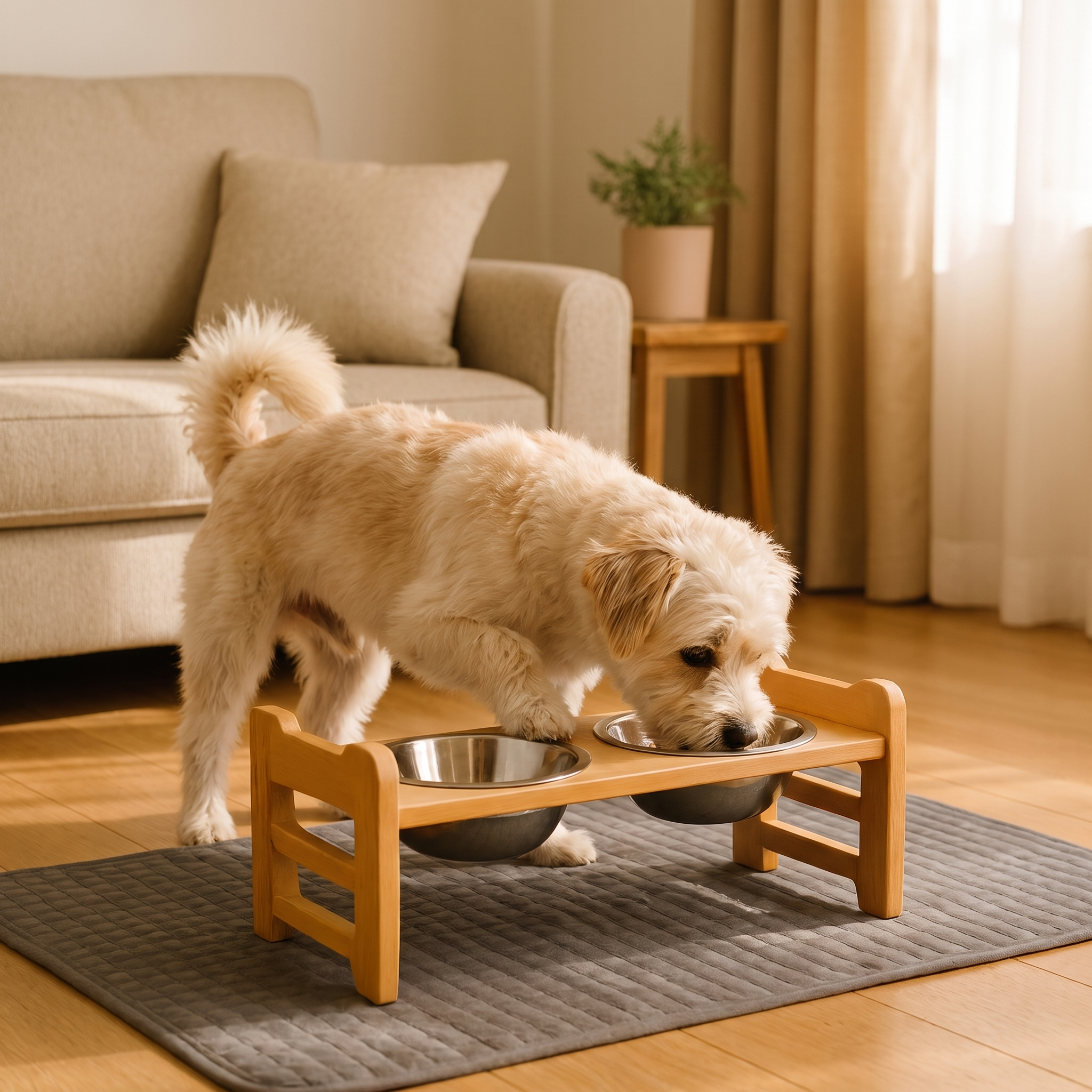 Dog stepping up to eat from the Perch elevated bamboo dog feeder