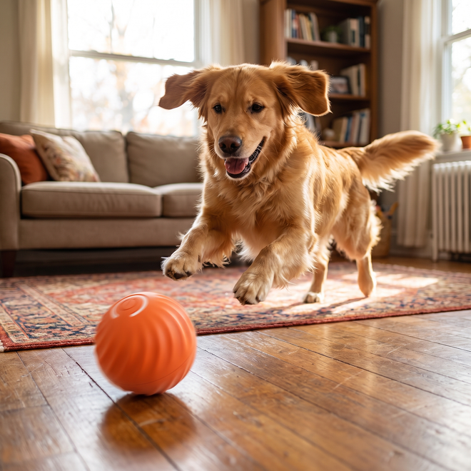Dog pouncing after the orange Zoom automatic moving dog ball