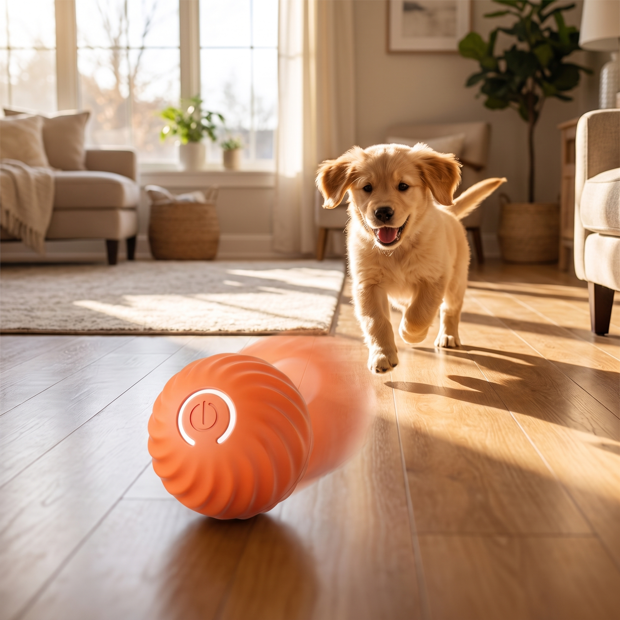 Orange Zoom ball rolling by itself as a dog chases after it