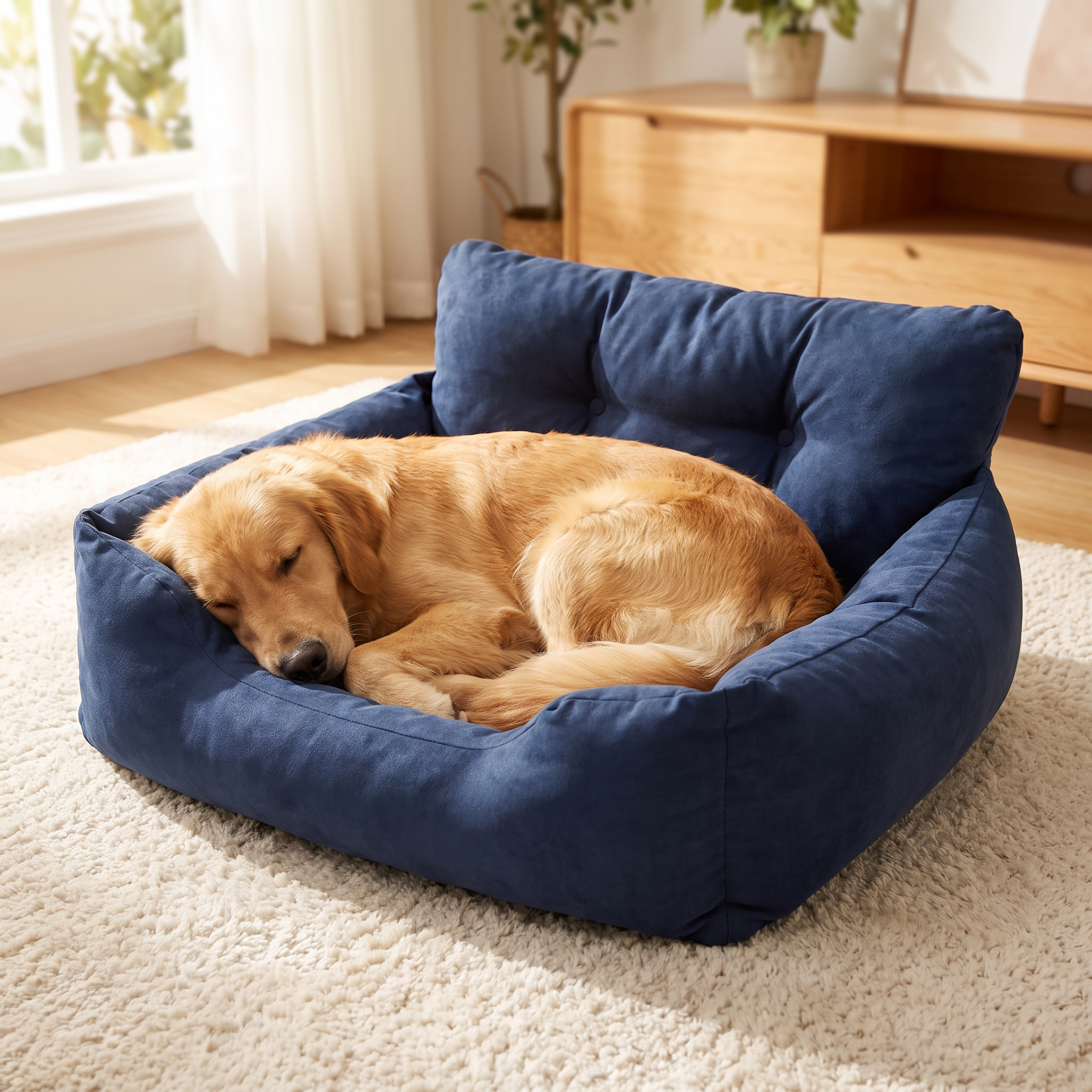 Golden retriever curled up in the blue Nuzzinel Trio dog bed
