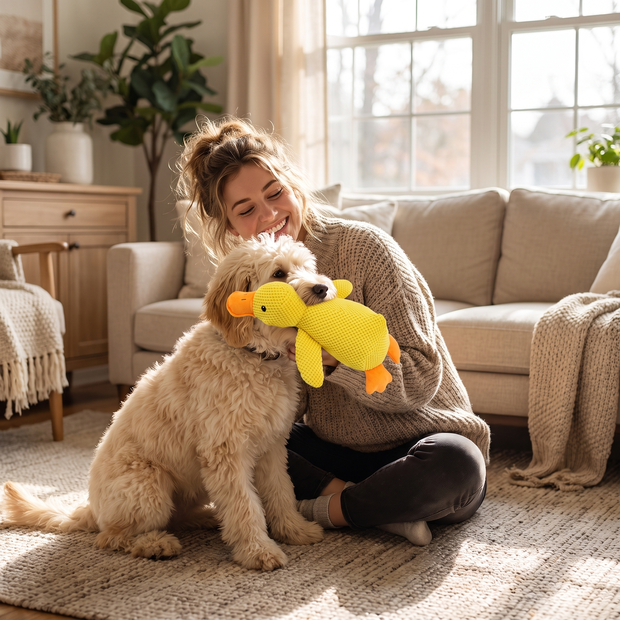 Woman playing with her dog and the Nuzzinel Quackers plush duck toy