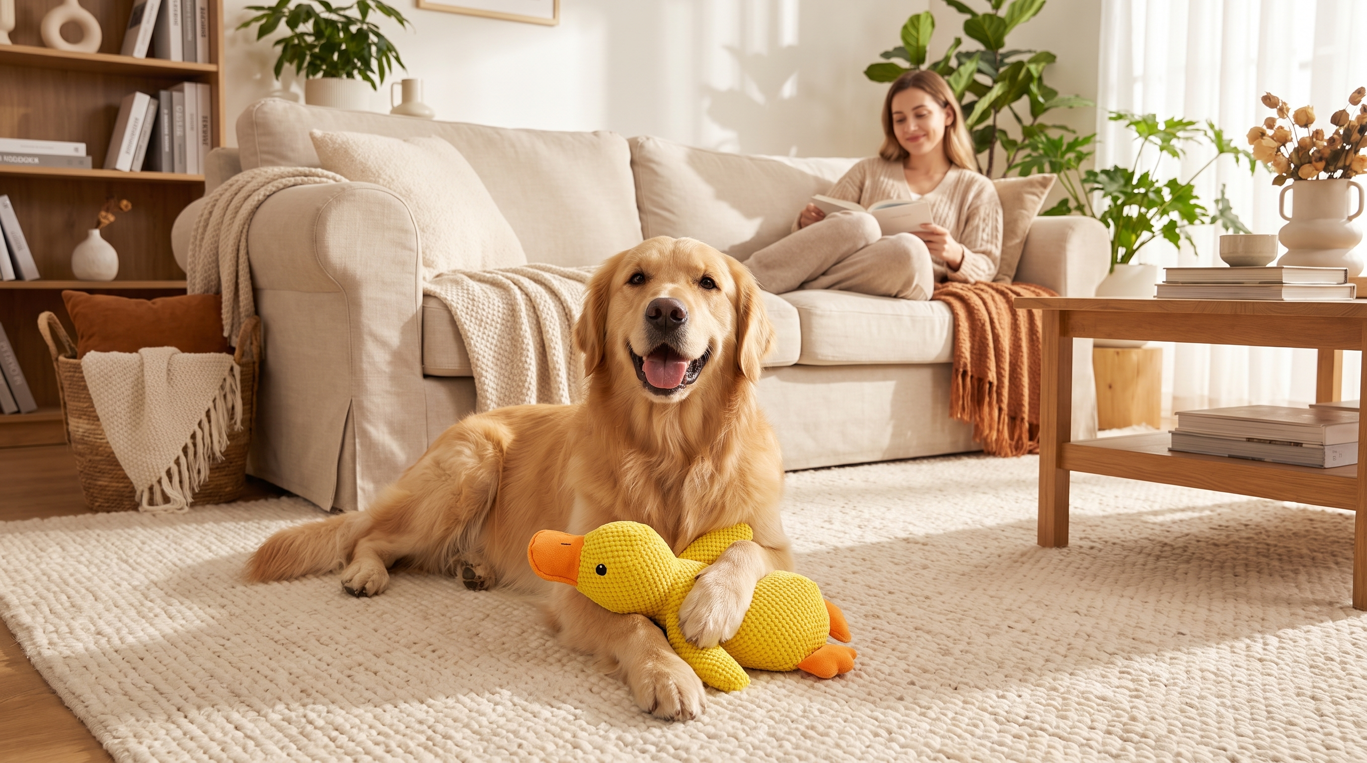 Dog with the Nuzzinel Quackers plush duck toy in a bright living room