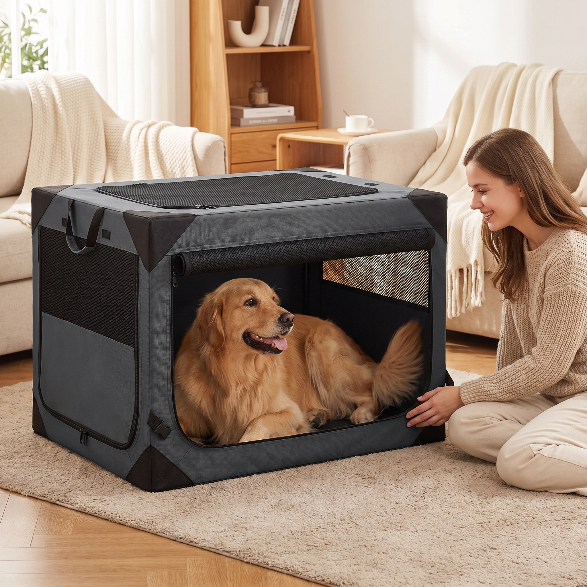Woman with her golden retriever resting in the Nuzzinel Den travel crate