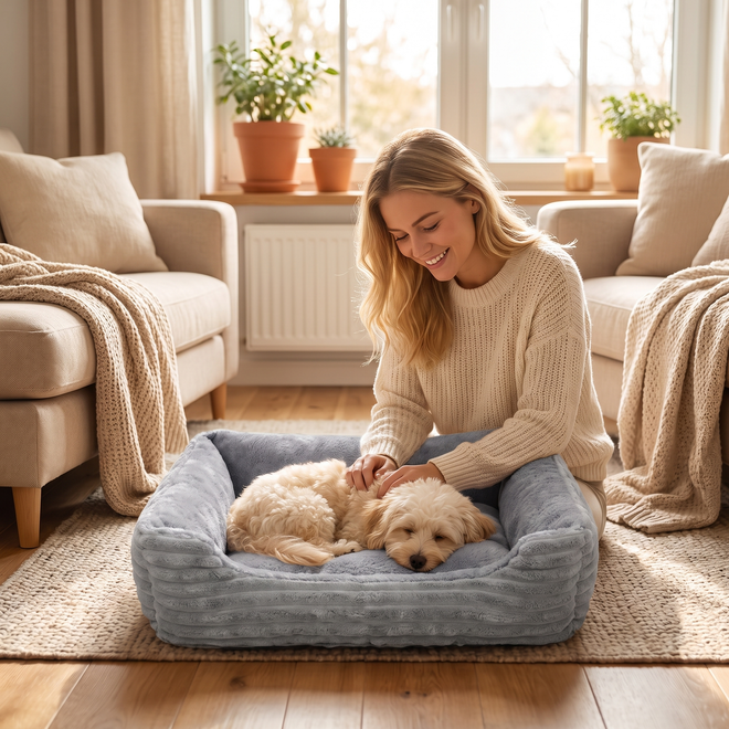 Woman with her dog curled up in the grey Nuzzinel Puff bolster dog bed