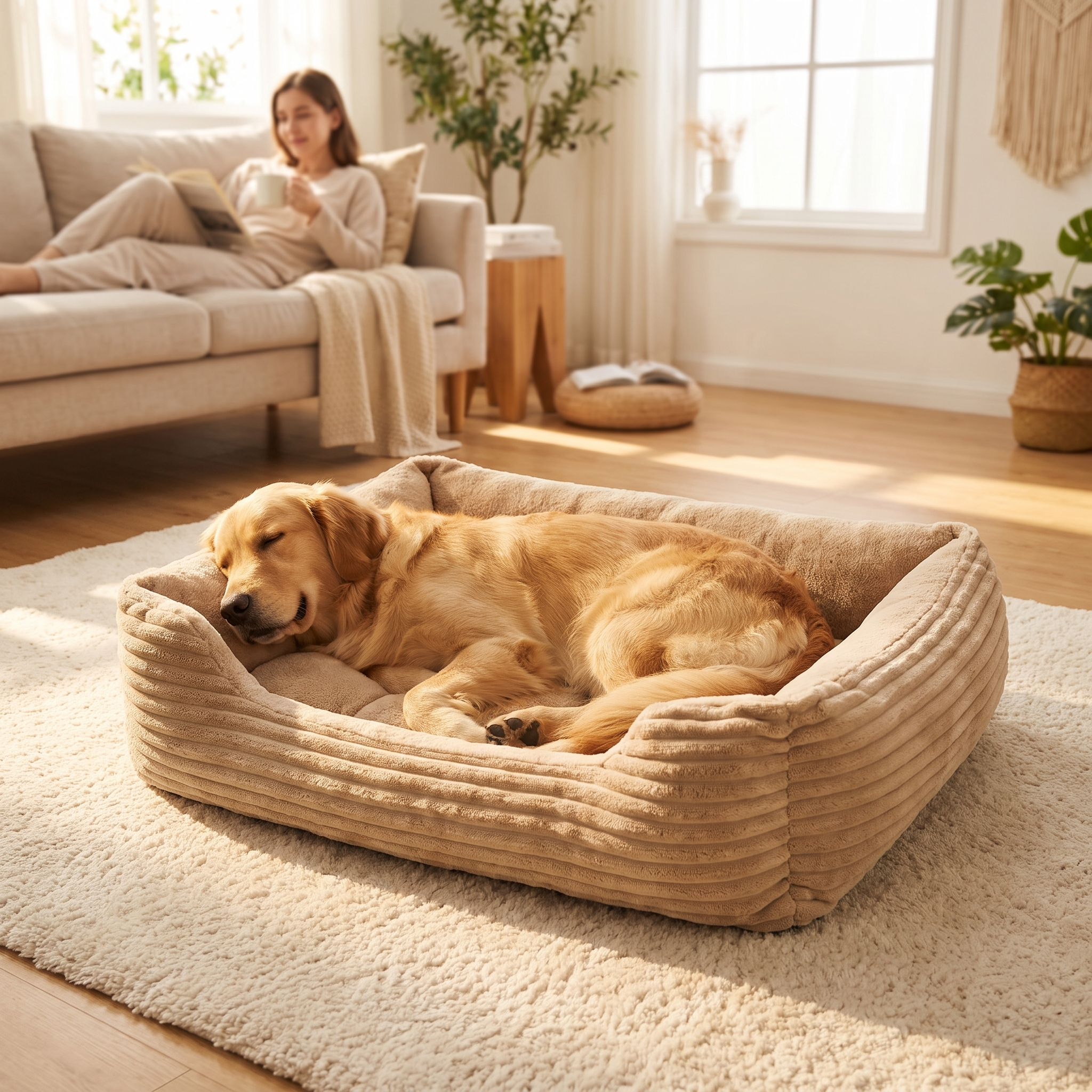 Golden retriever sleeping in the beige Nuzzinel Puff bolster dog bed