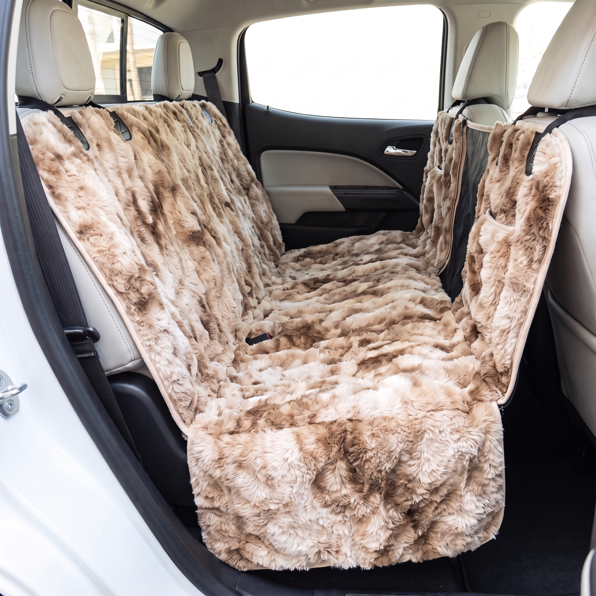 Nuzzinel Cabana faux-fur backseat car cover in latte swirl