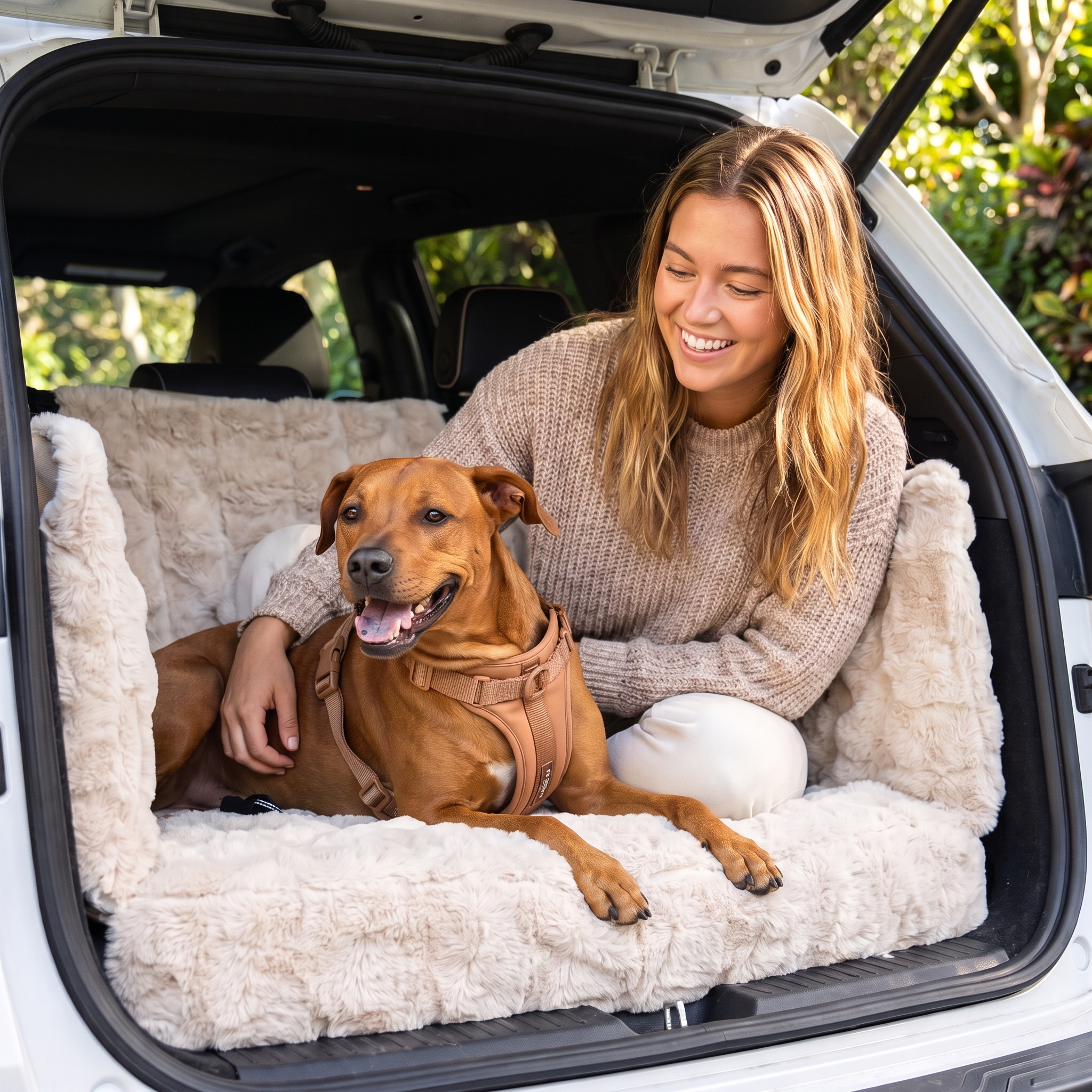 Woman with her dog in the car on the Nuzzinel Cabana faux-fur cover