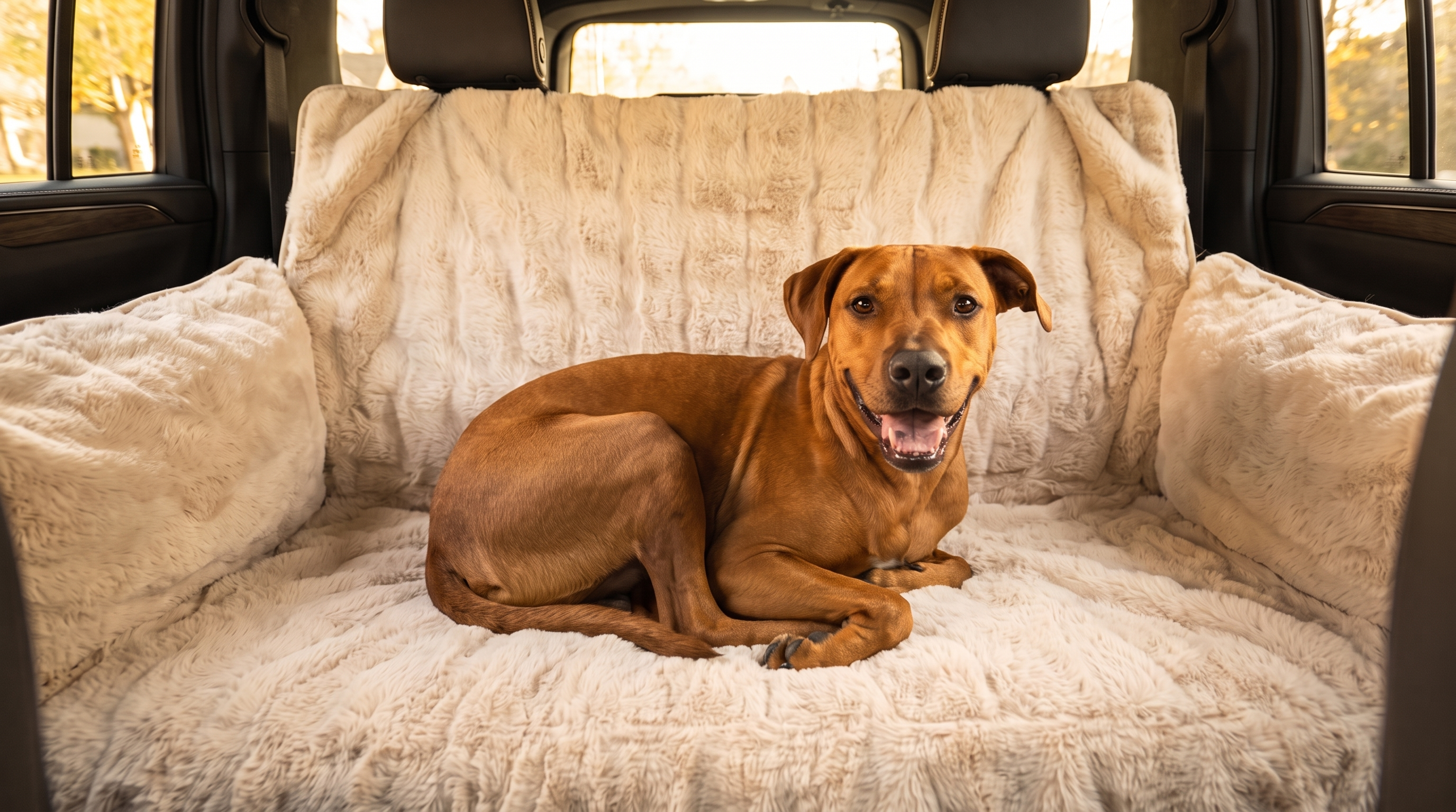 Dog curled up on the Nuzzinel Cabana faux-fur car cover