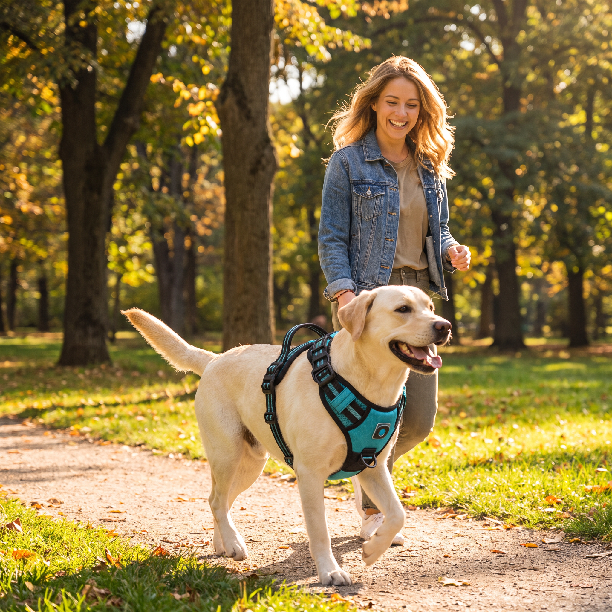 Woman walking her dog in the teal Nuzzinel Ivy no-pull harness