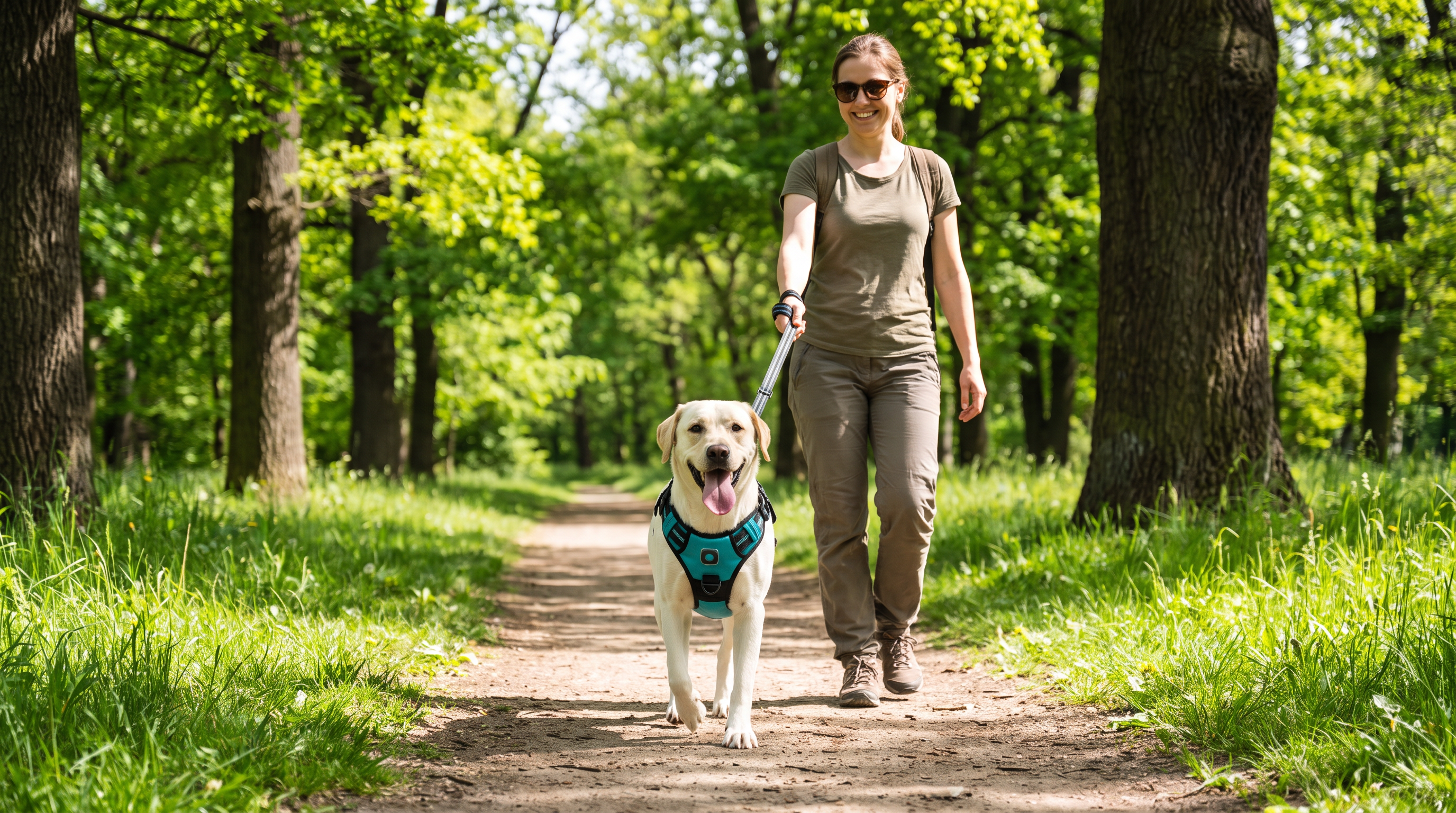 Dog walking in the teal Nuzzinel Ivy no-pull harness in a park