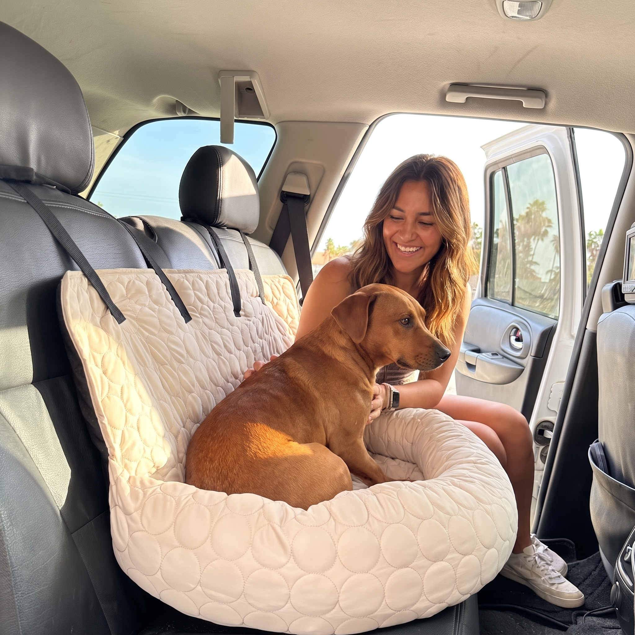 Woman with her dog in the beige Nuzzinel Breeze cooling car bed