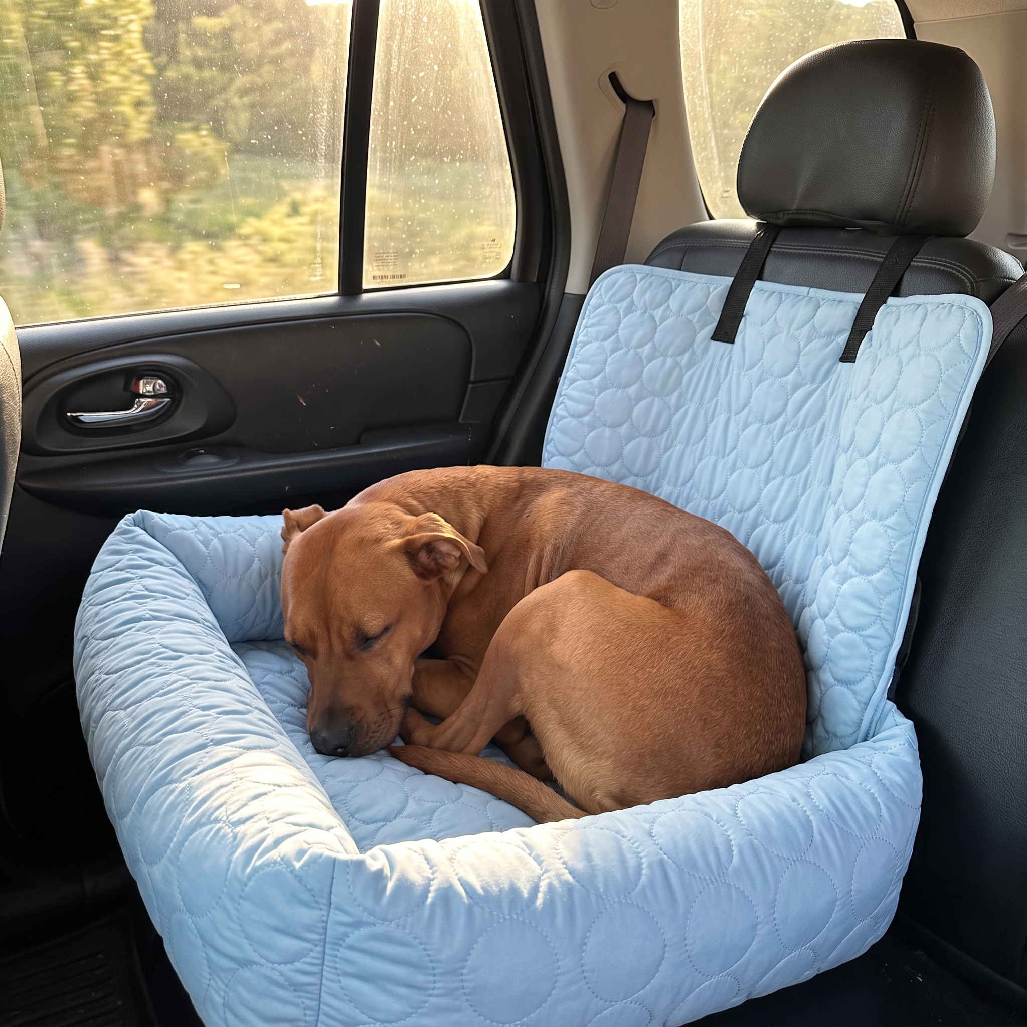 Dog relaxing in the light blue Nuzzinel Breeze cooling car bed on a car seat