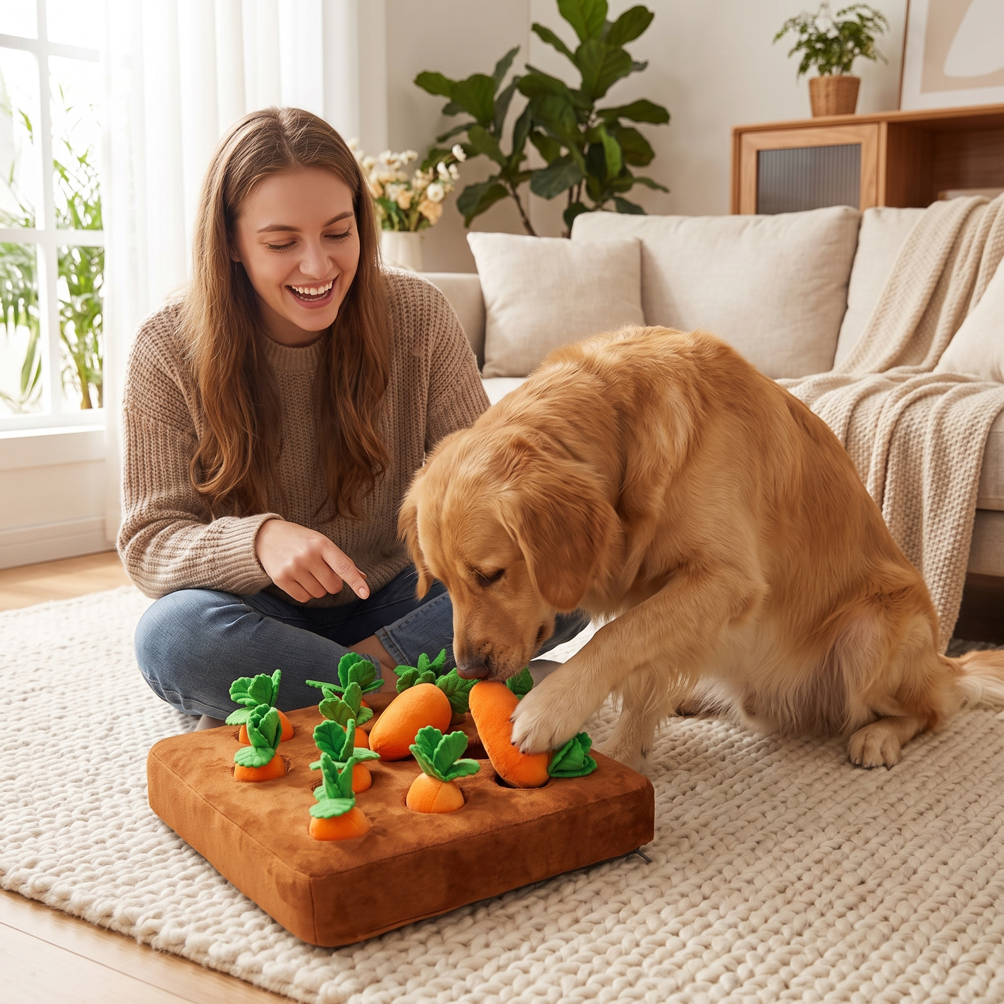 Woman playing with her dog and the Nuzzinel Sprout carrot snuffle toy