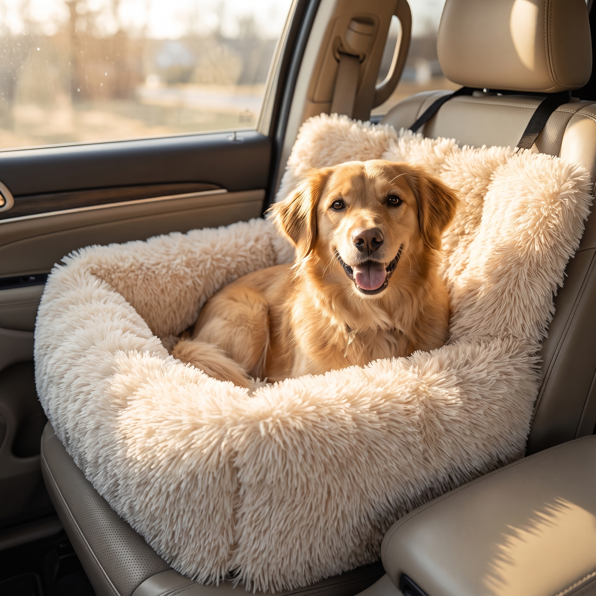 Golden retriever resting in the beige Nuzzinel Burrow plush car bed