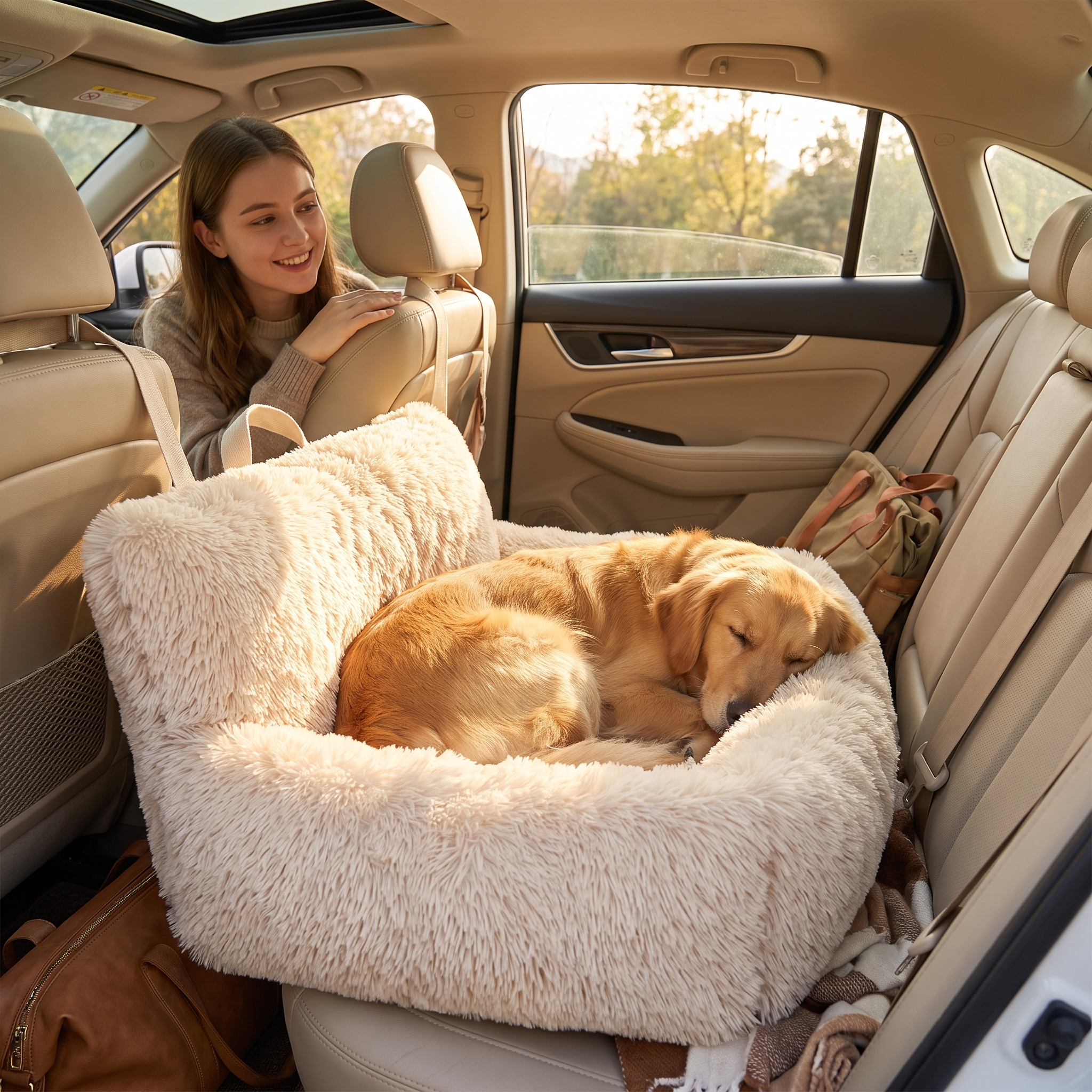 Woman smiling at her golden retriever napping in the beige Nuzzinel Burrow plush car bed during a road trip