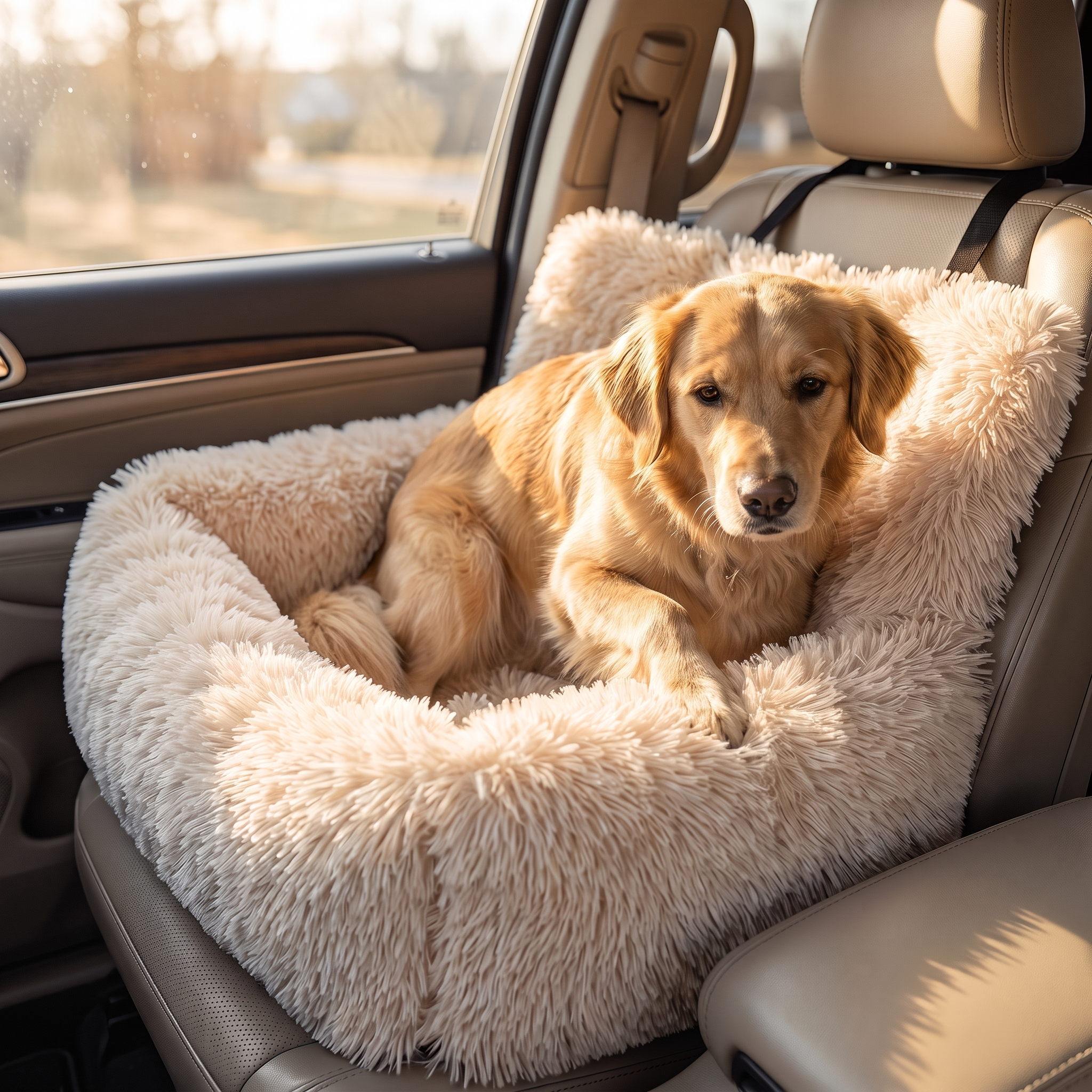 Golden retriever settling into the Nuzzinel Burrow plush car bed