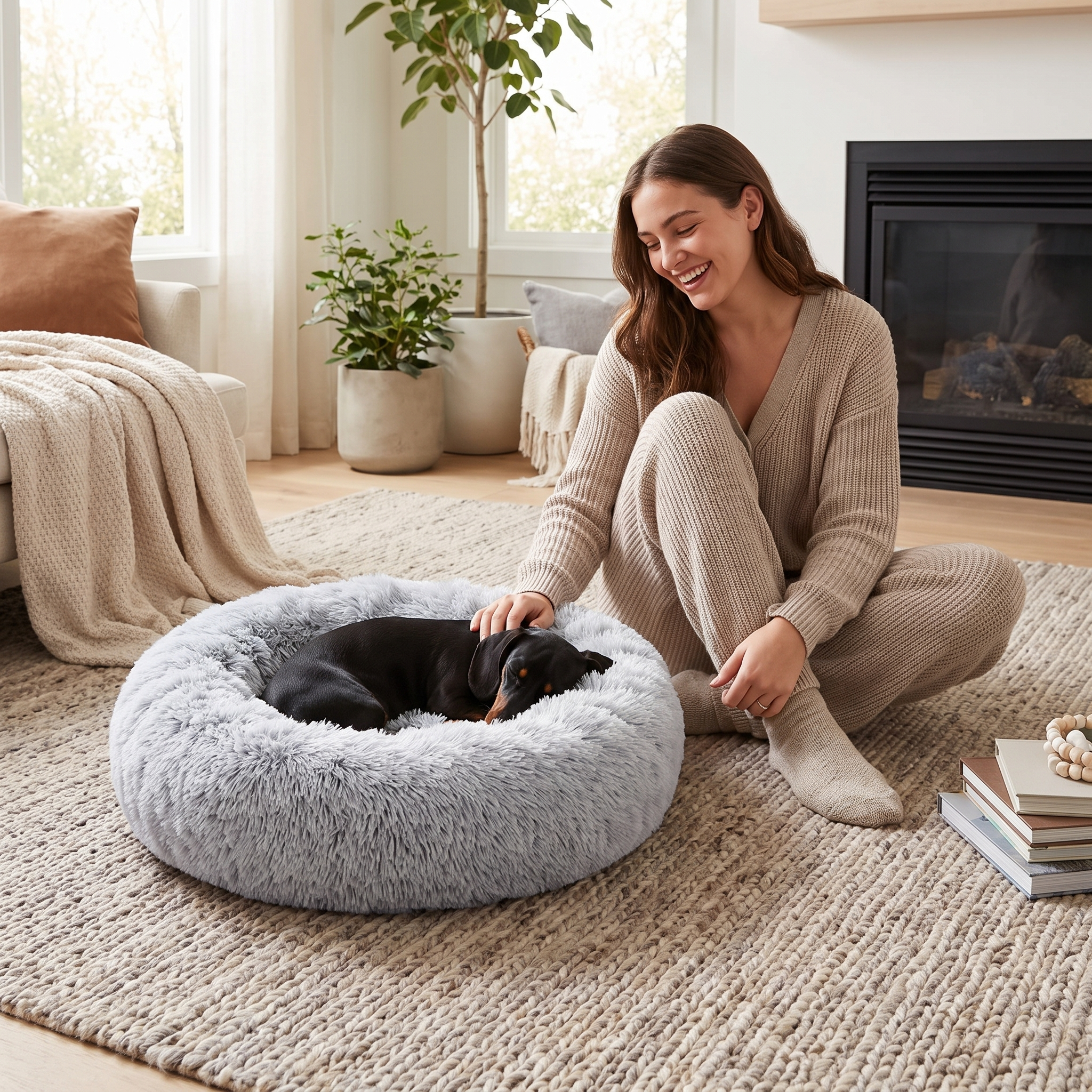 Woman relaxing with her dog curled up in the grey Nuzzinel Snooze calming donut dog bed at home
