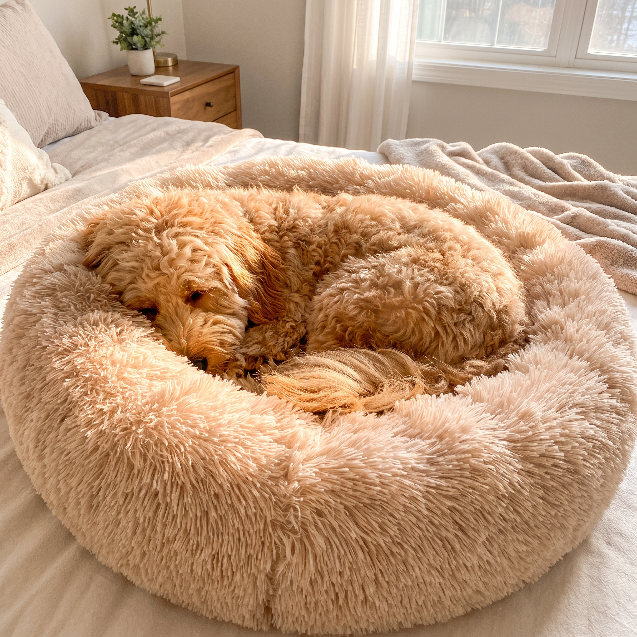 Fluffy dog asleep in the beige Nuzzinel Snooze calming donut dog bed
