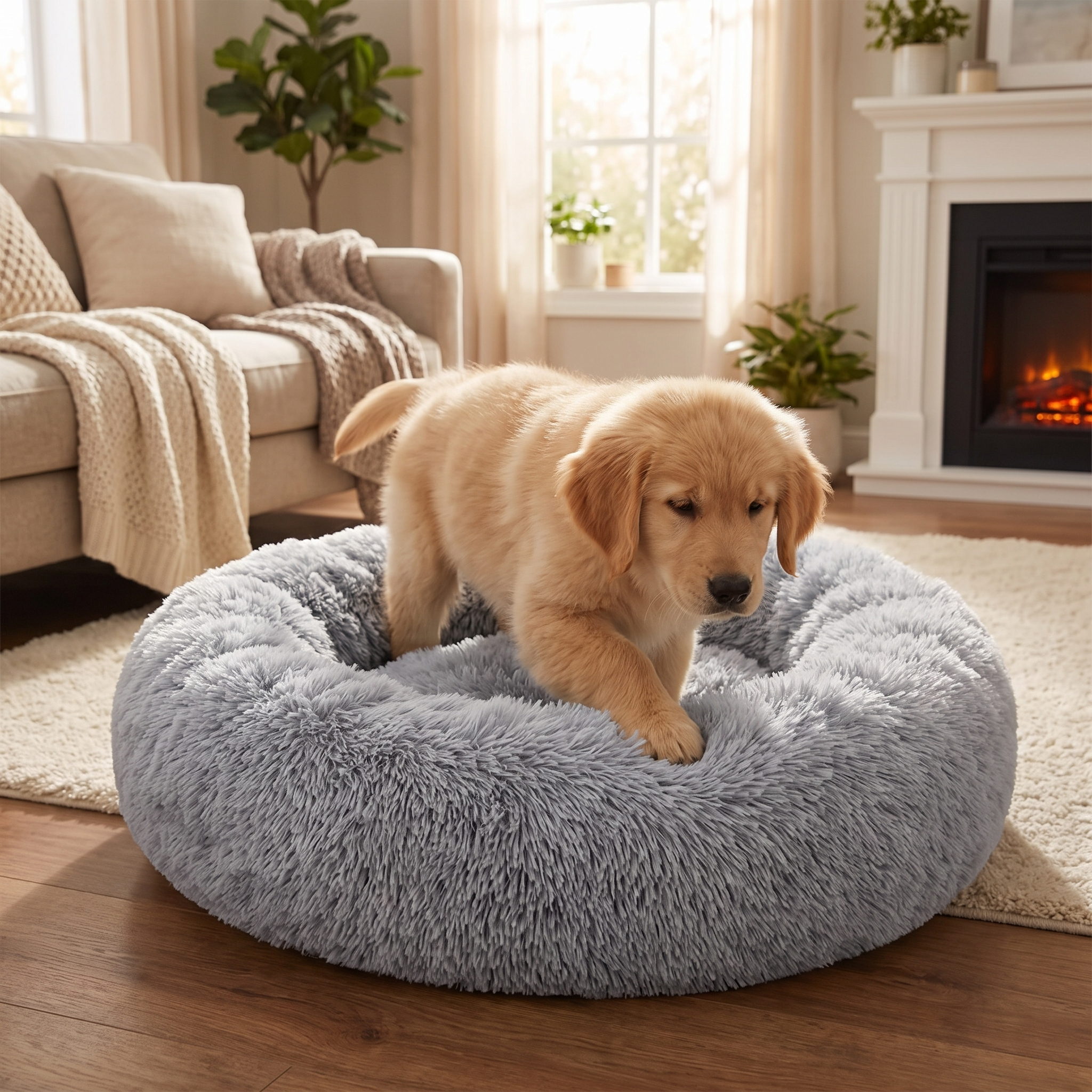 SNOOZE-VIDEO-COVER dog stepping into the grey calming donut dog bed
