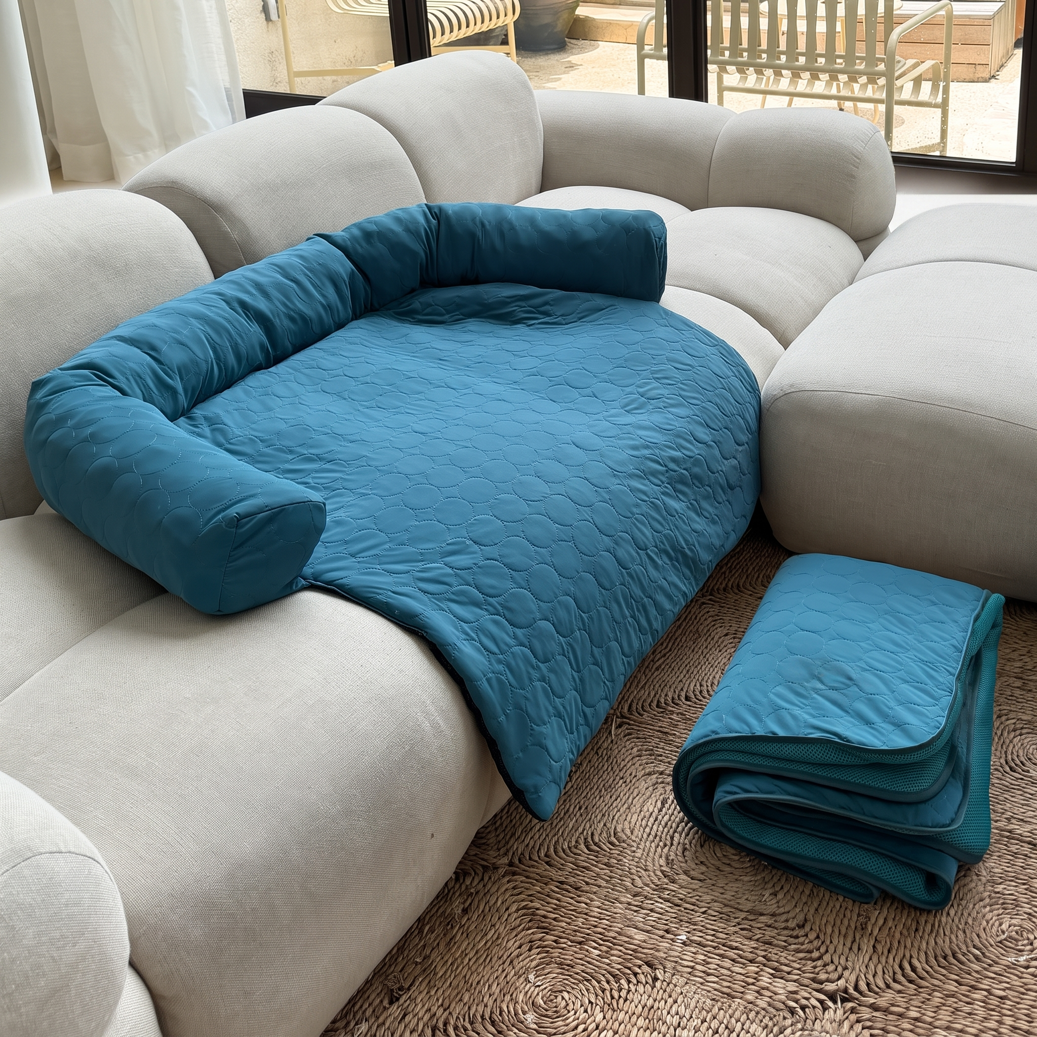 Deep blue Nuzzinel Polar cooling sofa dog bed with raised bolster on a couch