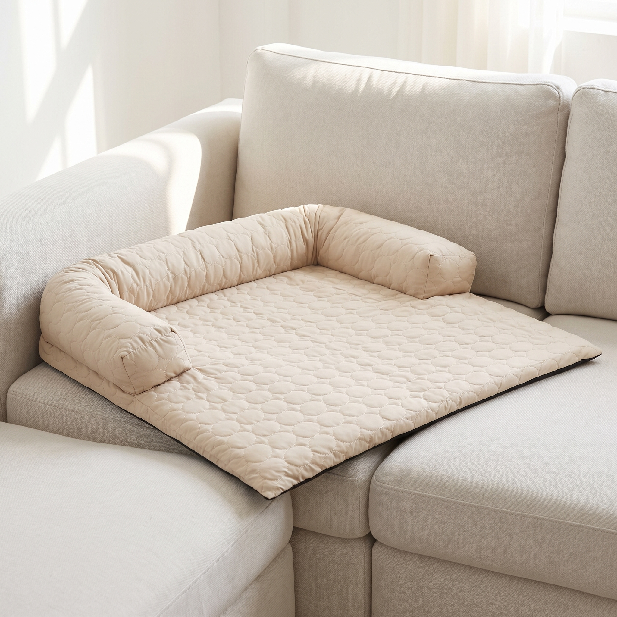 Beige Nuzzinel Polar cooling sofa dog bed on a couch