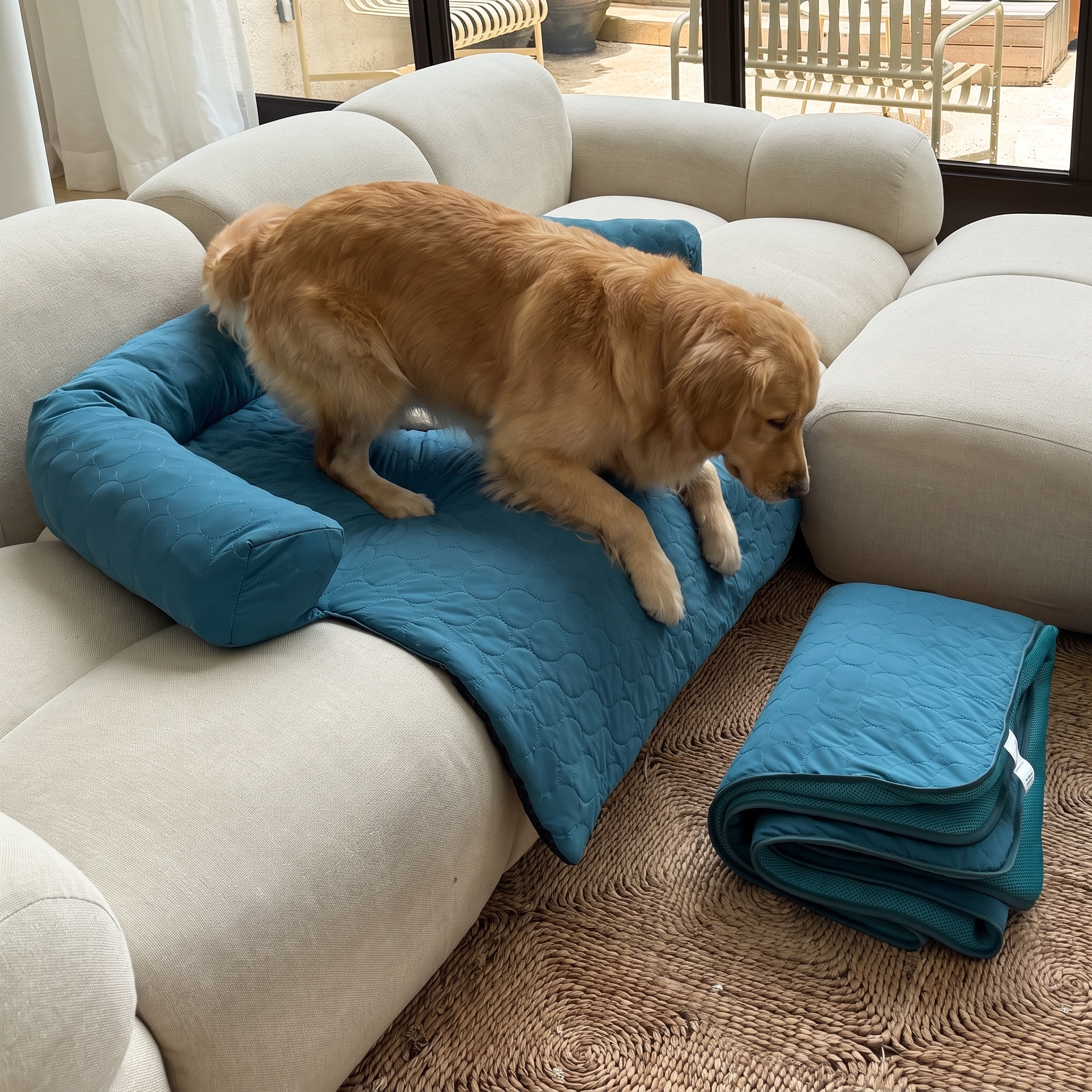 POLAR-VIDEO-COVER dog climbing onto the deep blue cooling sofa dog bed