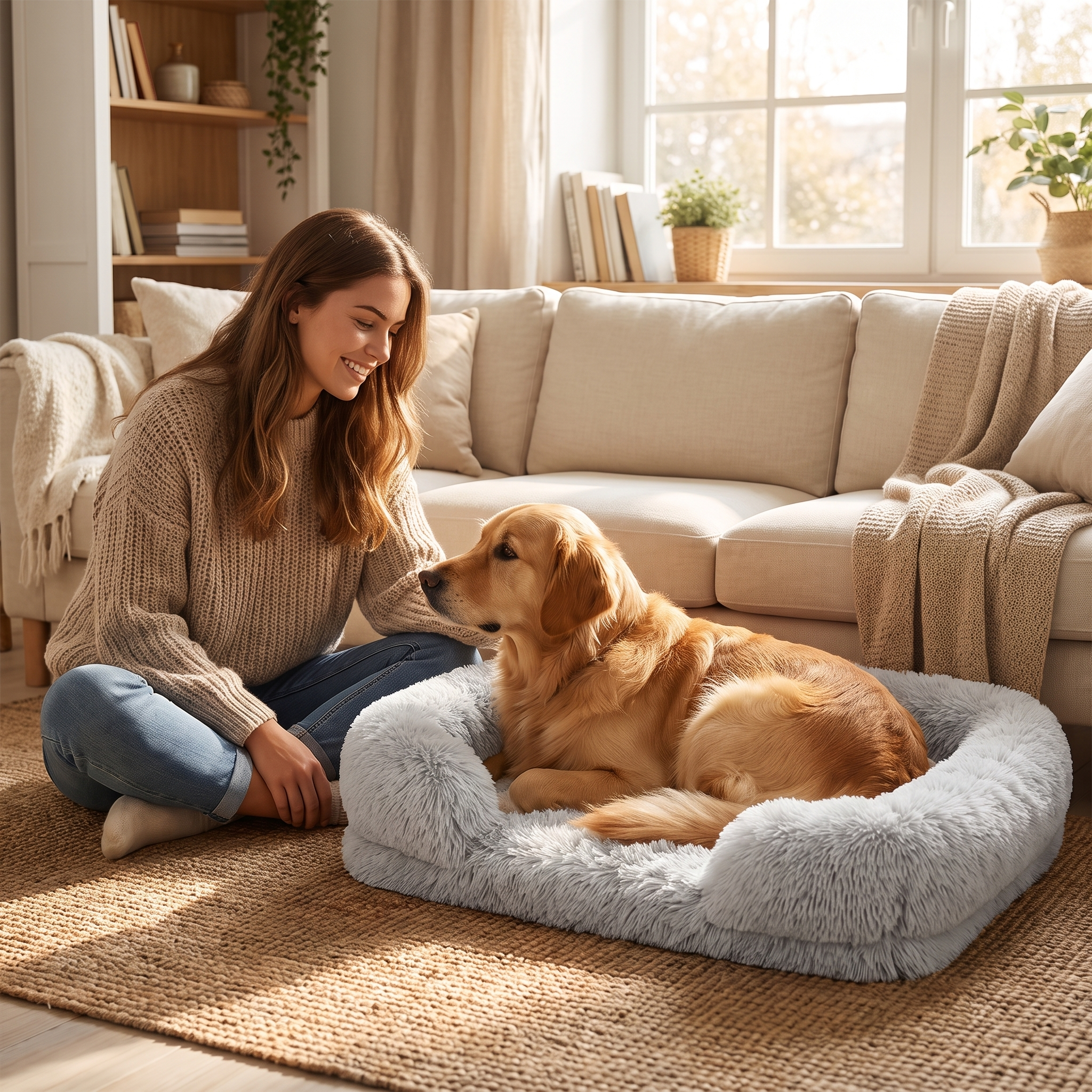 Woman relaxing with her golden retriever on the light grey Nuzzinel Biscuit calming sofa dog bed
