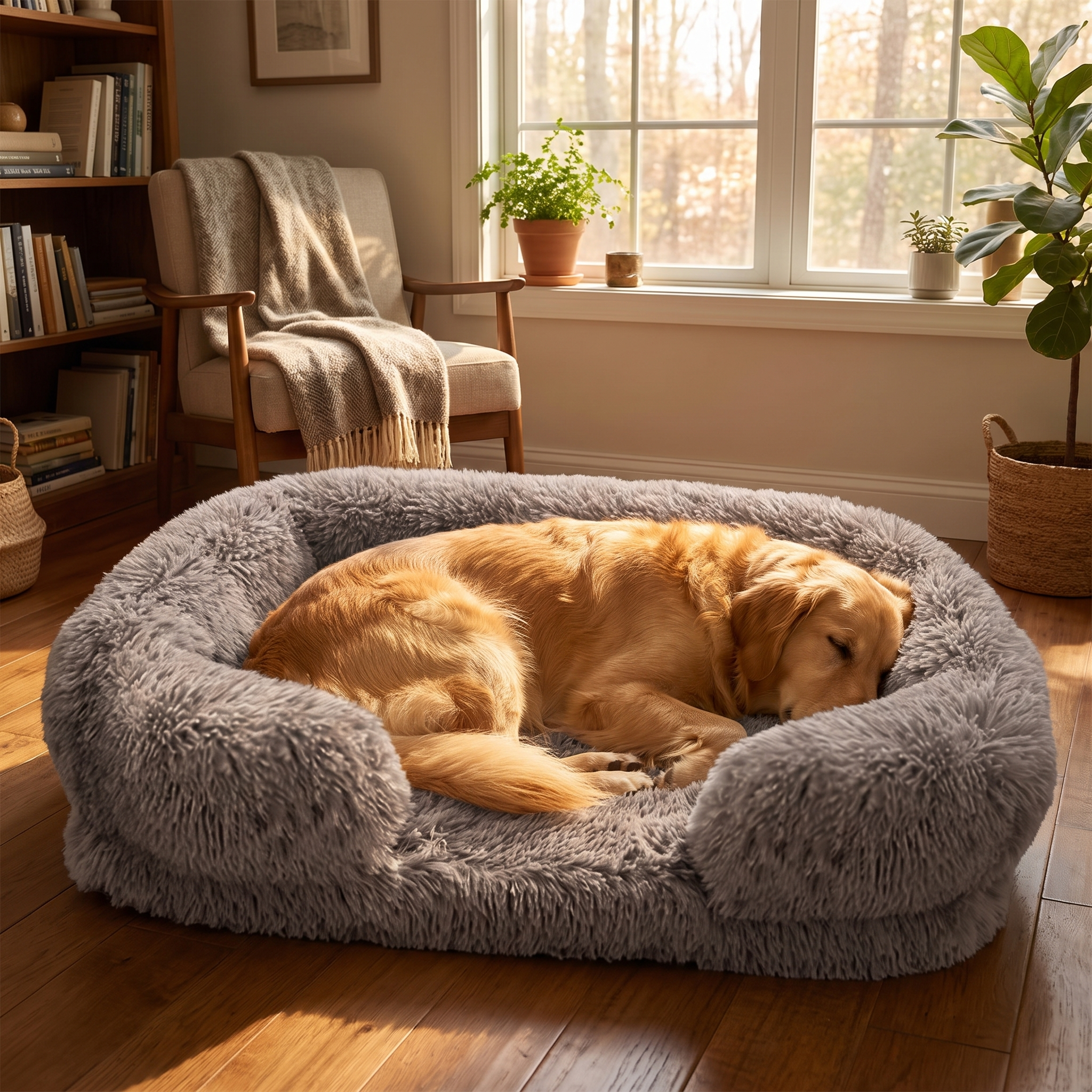 Golden retriever curled up asleep on the grey-brown Nuzzinel Biscuit calming sofa dog bed