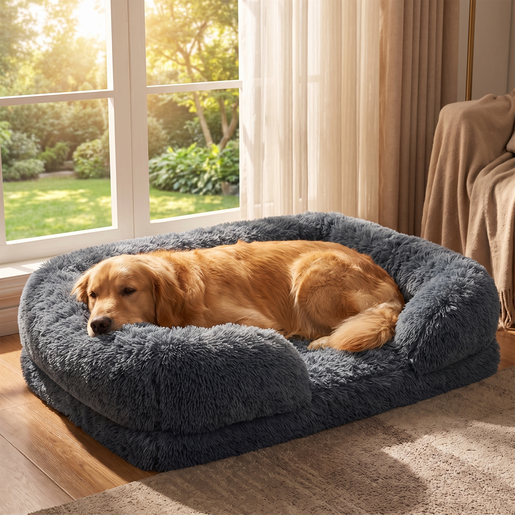 Dog relaxing by the window on the dark grey Nuzzinel Biscuit calming sofa dog bed