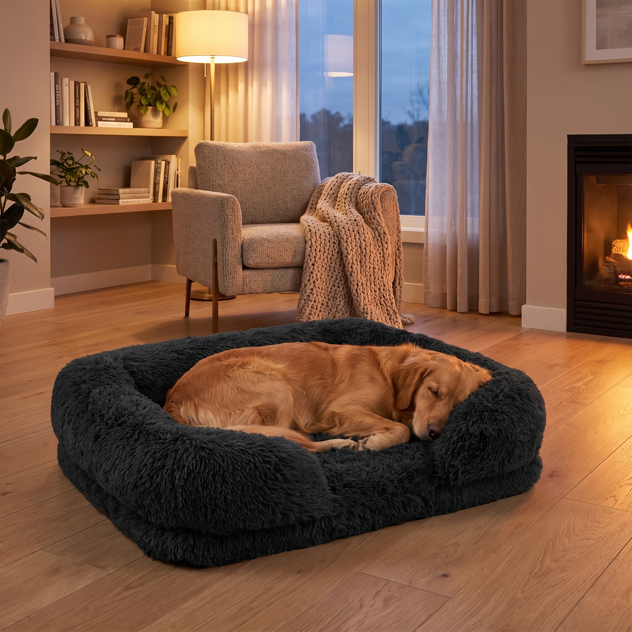 Dog resting on the black Nuzzinel Biscuit calming sofa dog bed in a modern living room