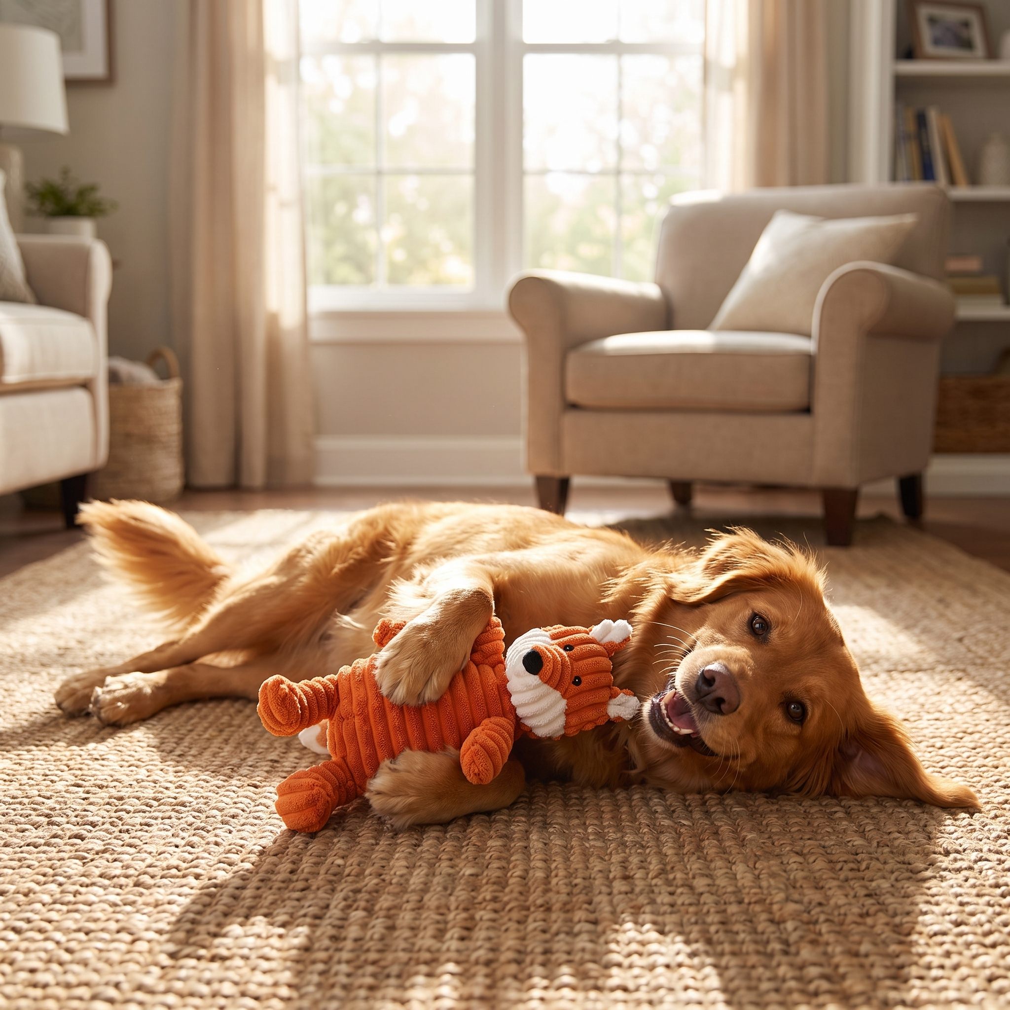 Golden retriever playing with the Cordy corduroy fox squeaky dog toy on a rug