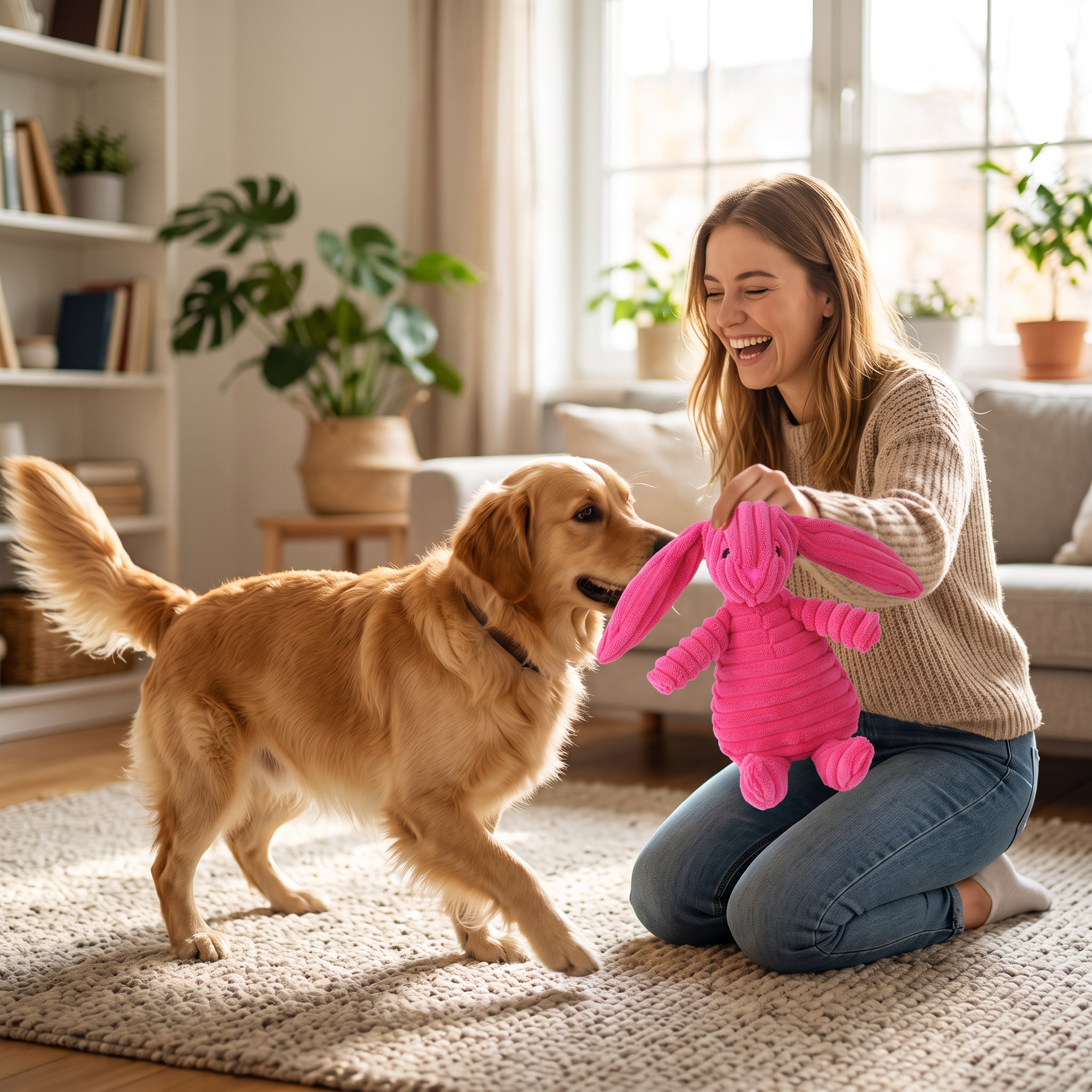 Woman playing with her dog using the Cordy corduroy rabbit squeaky dog toy