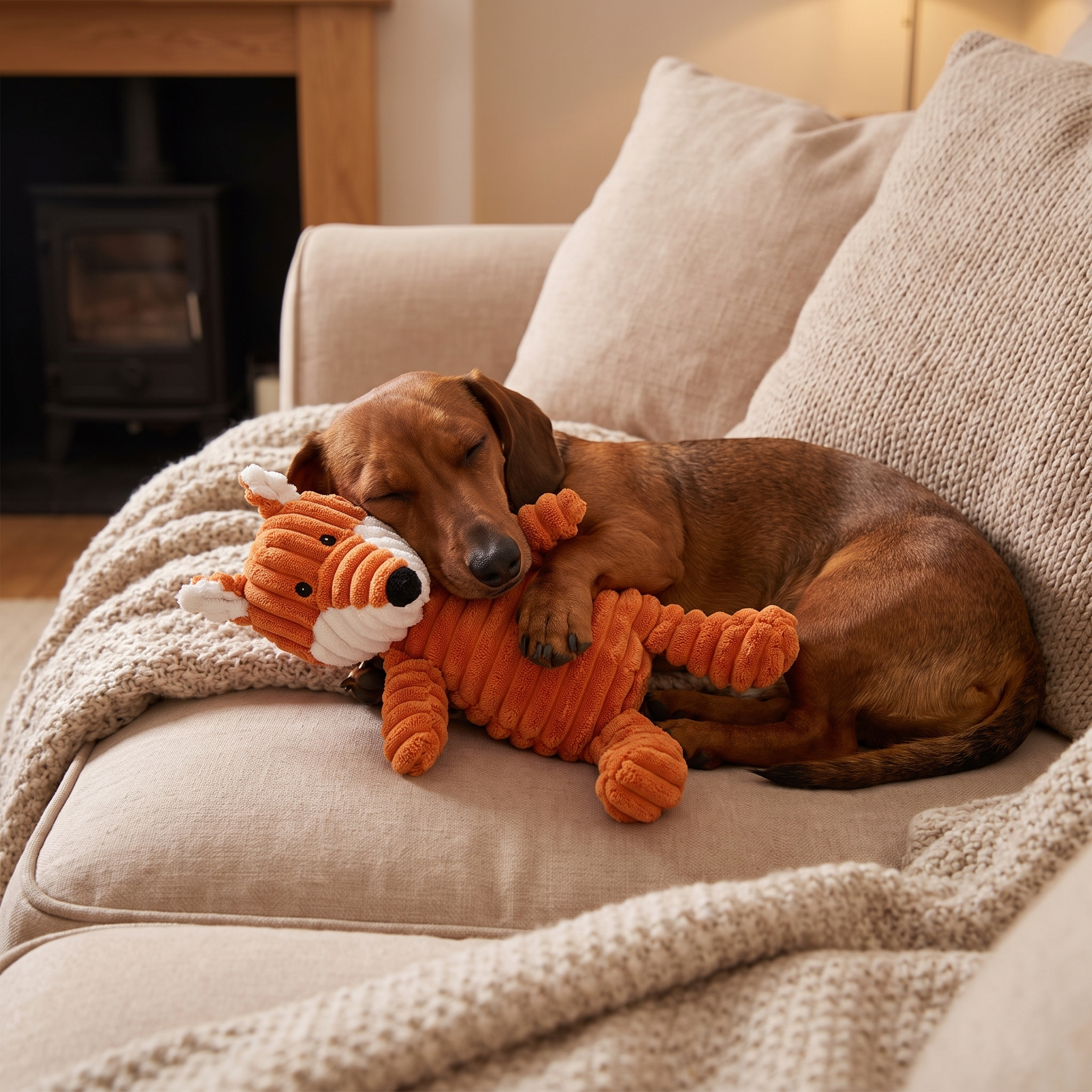 Dog cuddling the Cordy corduroy fox squeaky dog toy on a couch