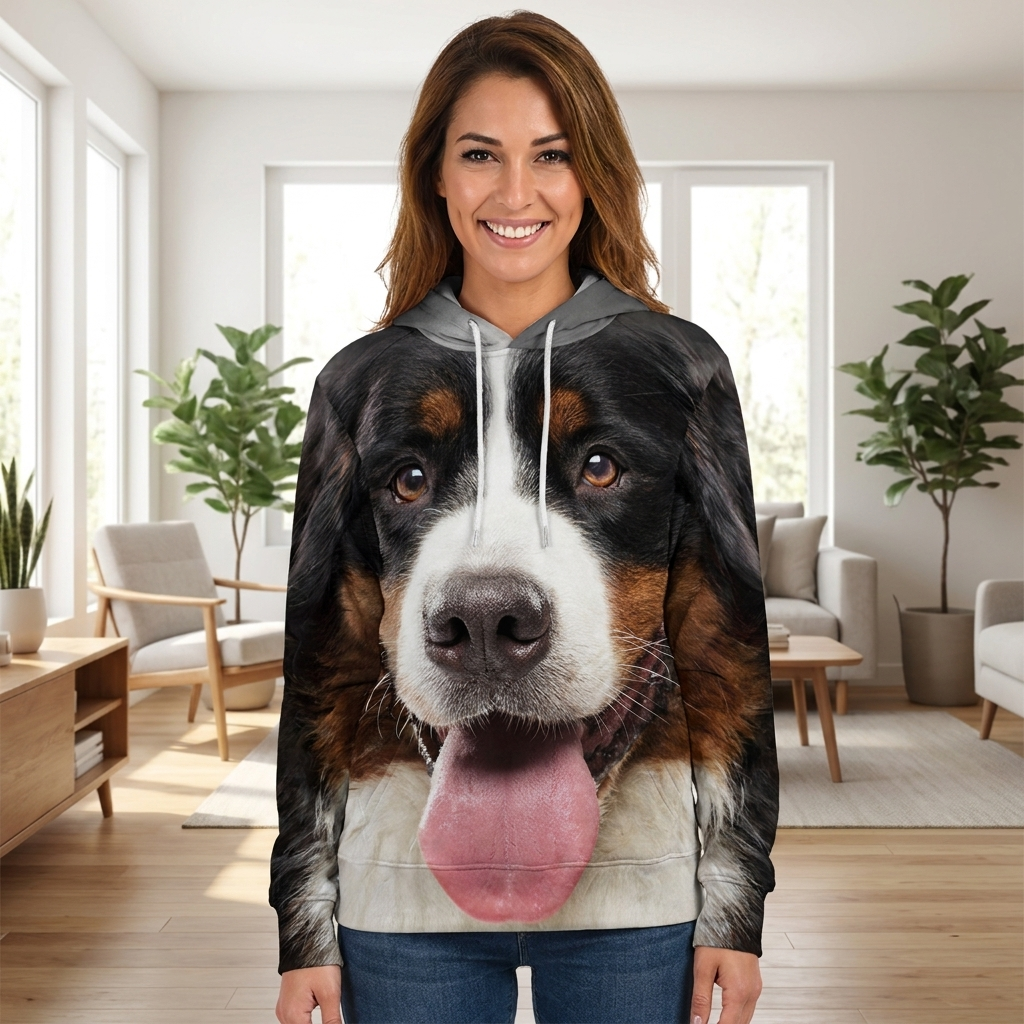 Woman wearing the Bernese Mountain Dog all-over-print hoodie at home