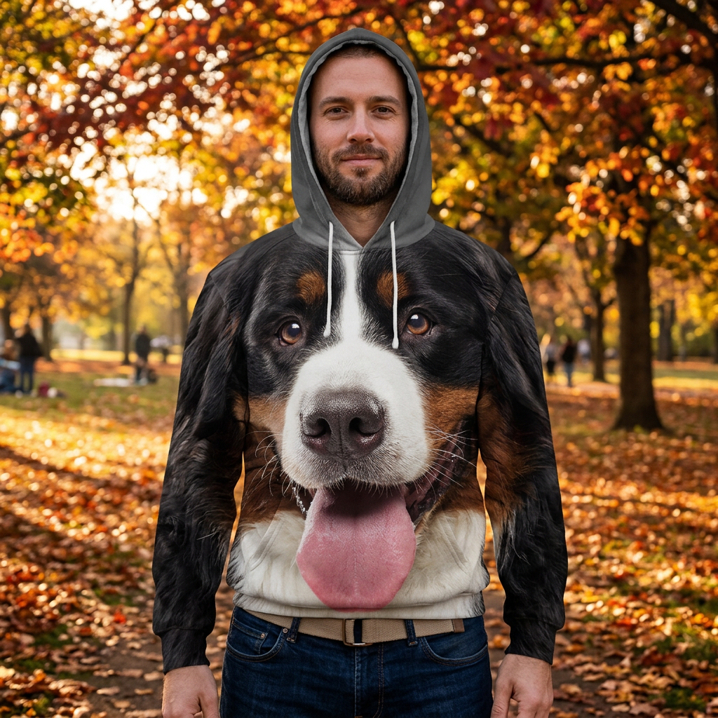 Man wearing the Bernese Mountain Dog all-over-print hoodie at the park