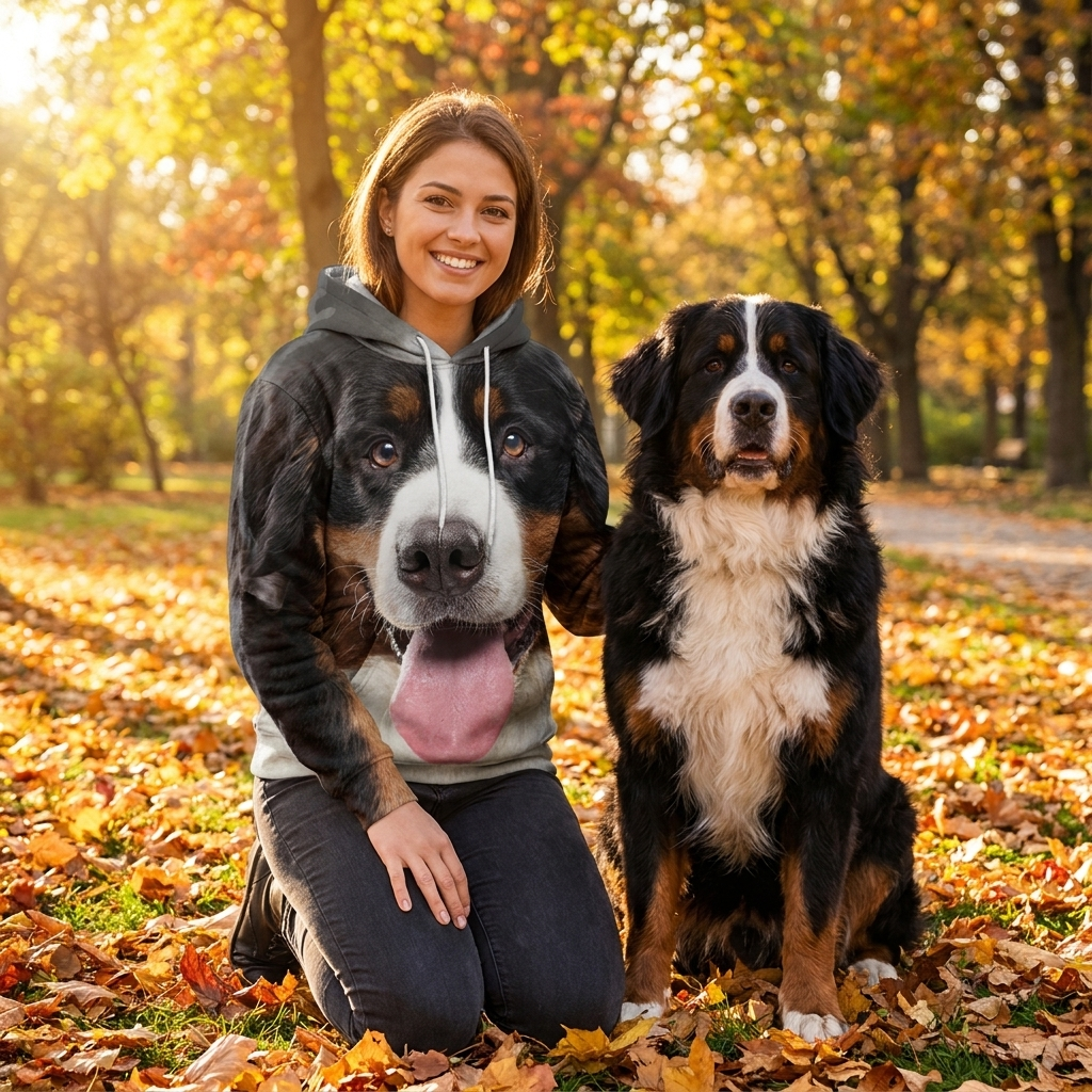 Woman in the Bernese Mountain Dog all-over-print hoodie beside a Bernese Mountain Dog