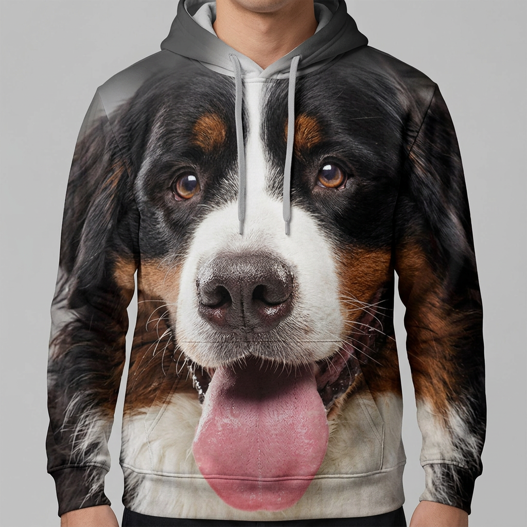 Close-up of the all-over Bernese Mountain Dog print on the hoodie