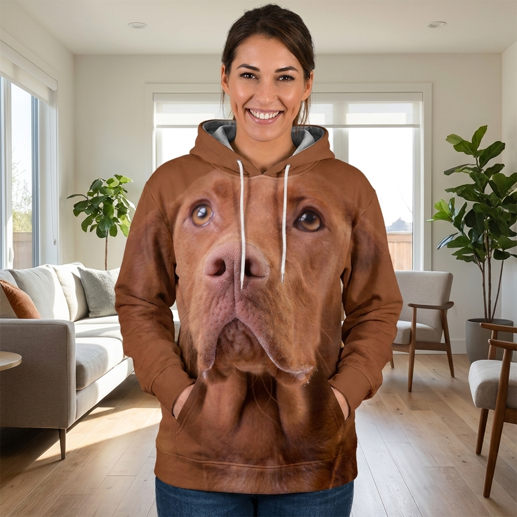 Woman wearing the Vizsla all-over-print hoodie at home