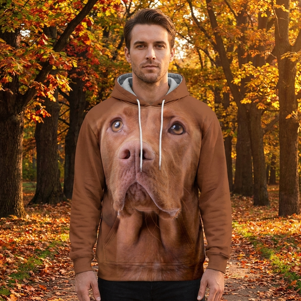 Man wearing the Vizsla all-over-print hoodie at the park