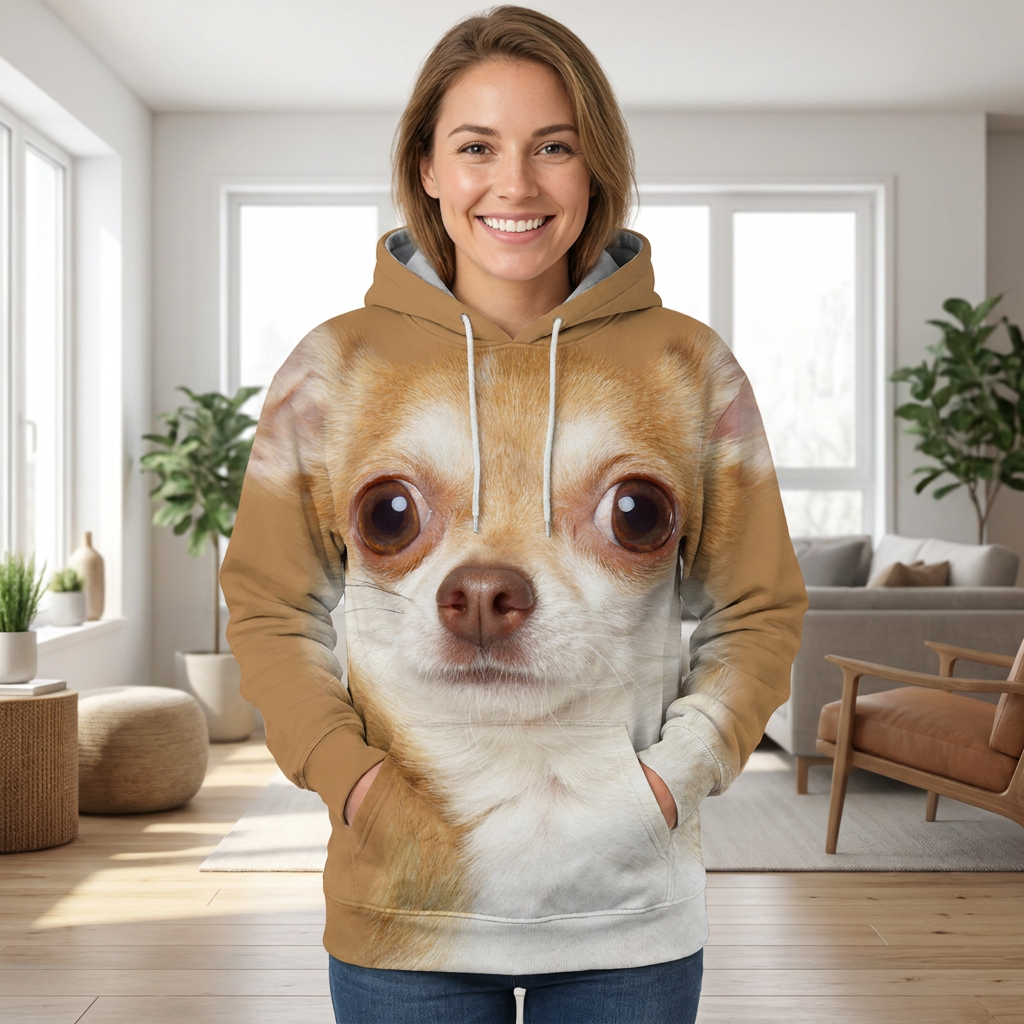 Woman wearing the Chihuahua all-over-print hoodie at home