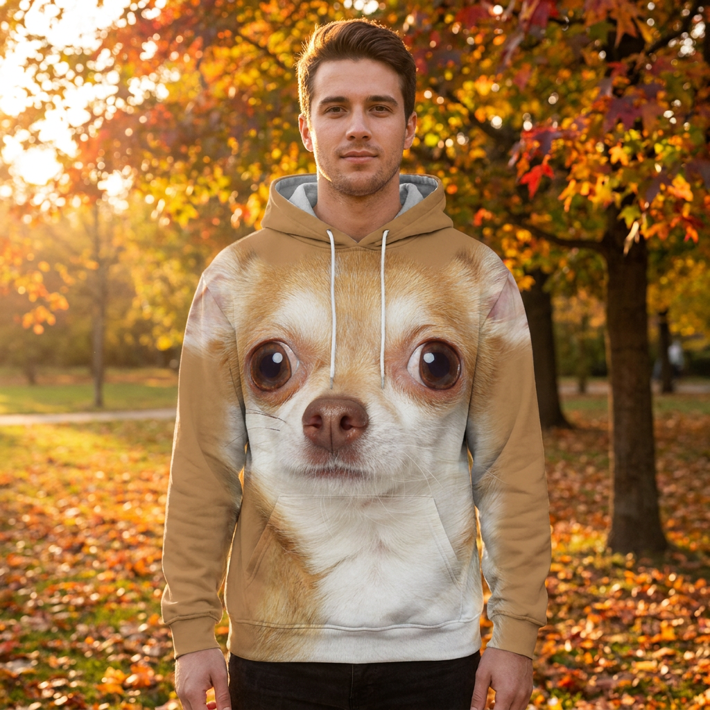 Man wearing the Chihuahua all-over-print hoodie at the park