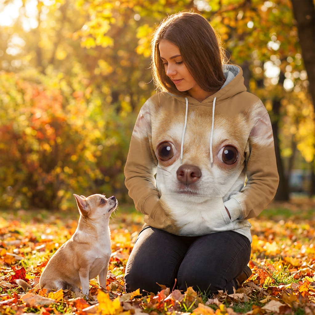 Woman in the Chihuahua all-over-print hoodie beside a Chihuahua dog