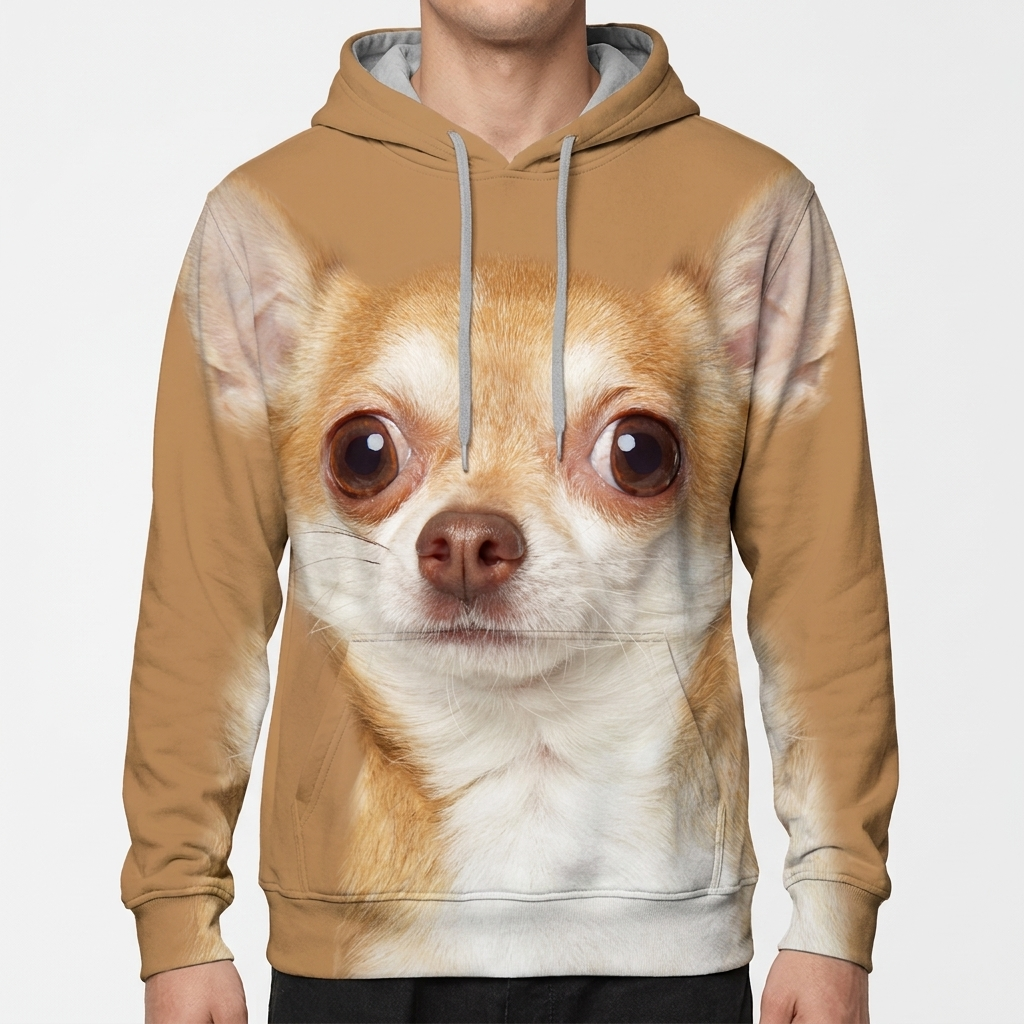 Close-up of the all-over Chihuahua print on the hoodie