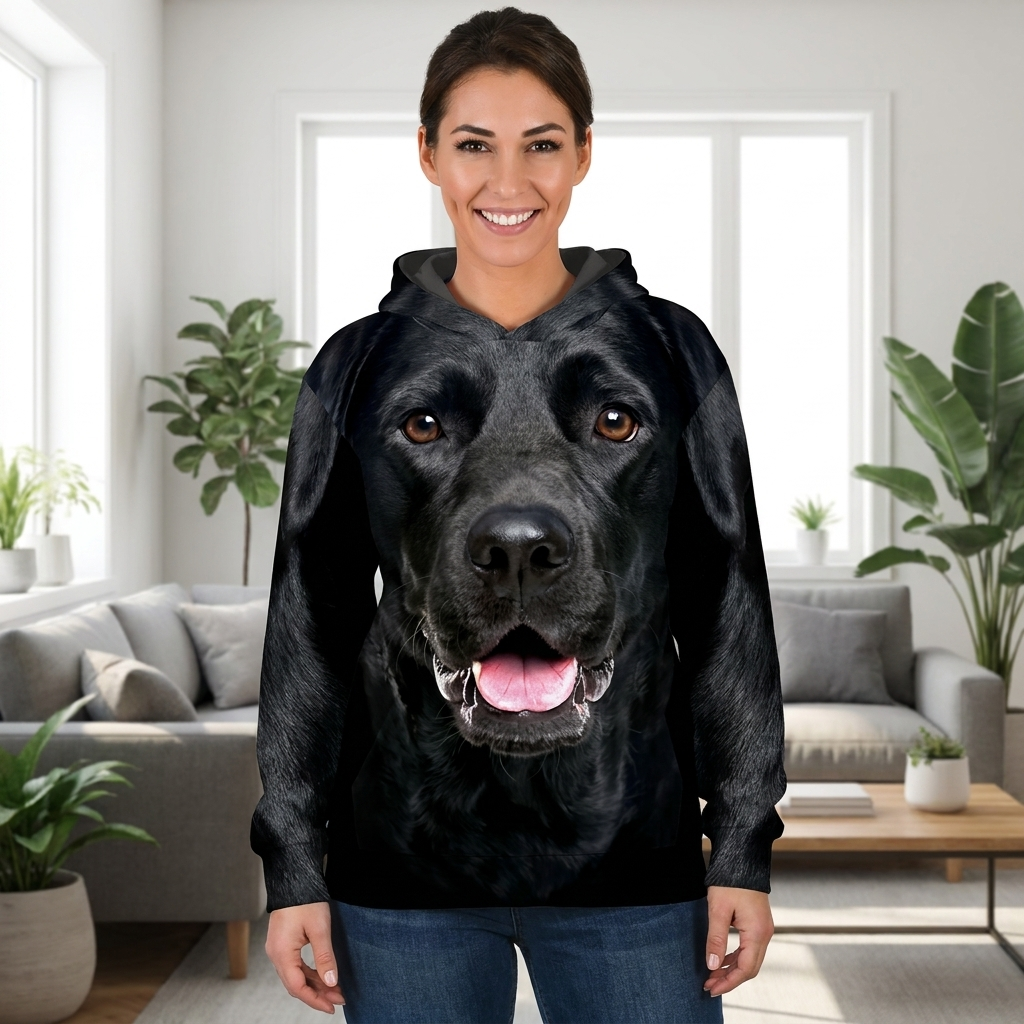 Woman wearing the black Labrador all-over-print hoodie at home