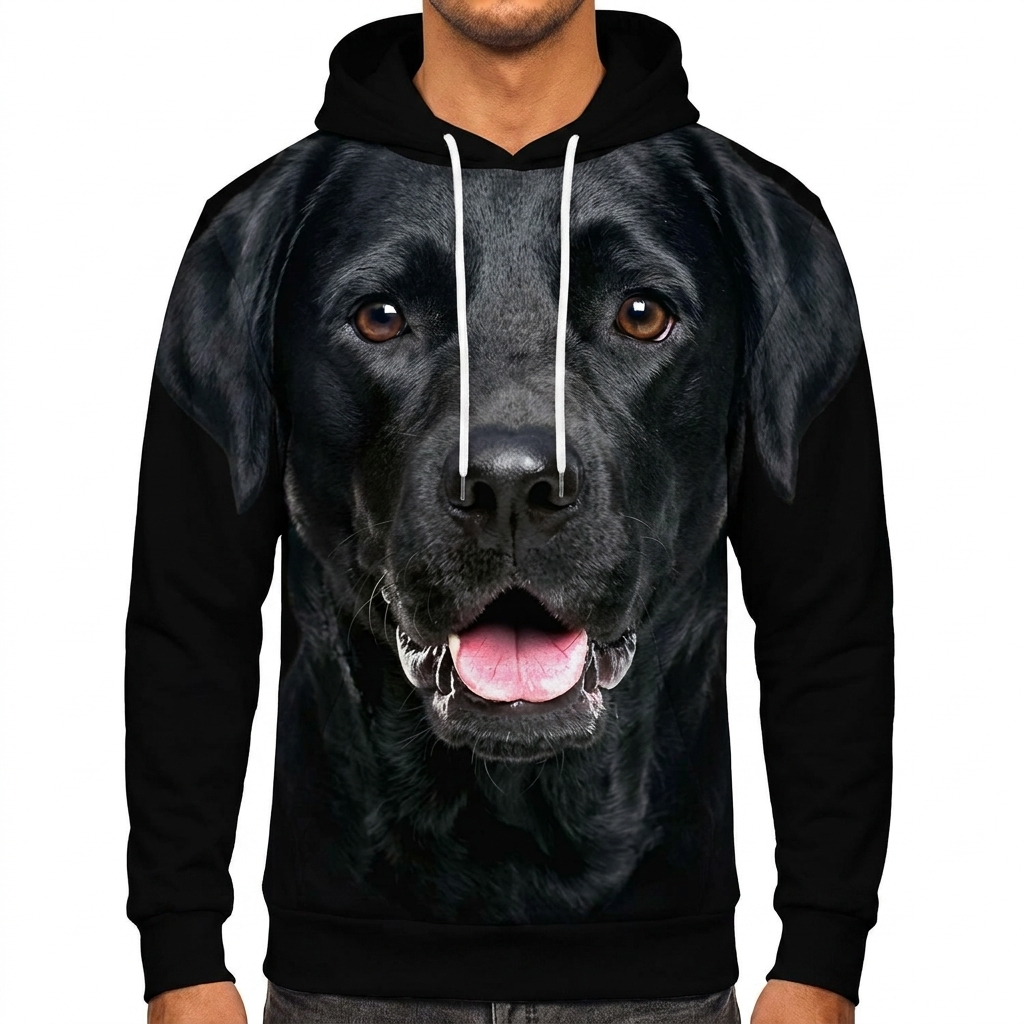 Close-up of the all-over black Labrador print on the hoodie