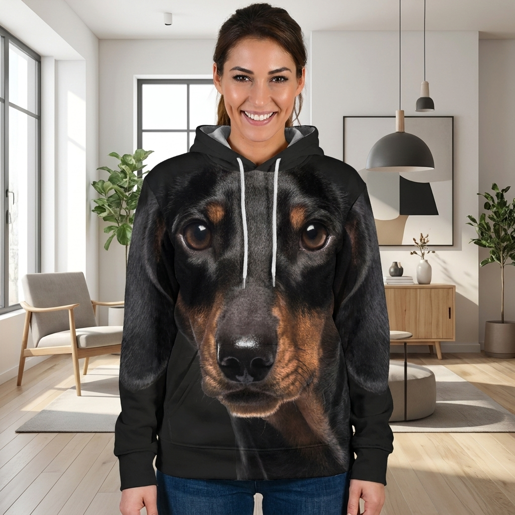 Woman wearing the Dachshund all-over-print hoodie at home
