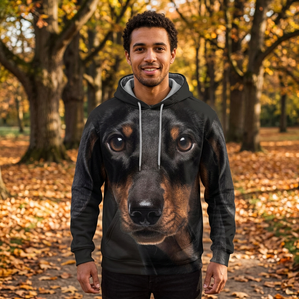 Man wearing the Dachshund all-over-print hoodie at the park