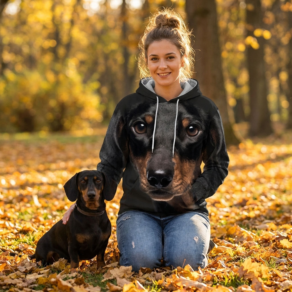 Woman in the Dachshund all-over-print hoodie beside a Dachshund