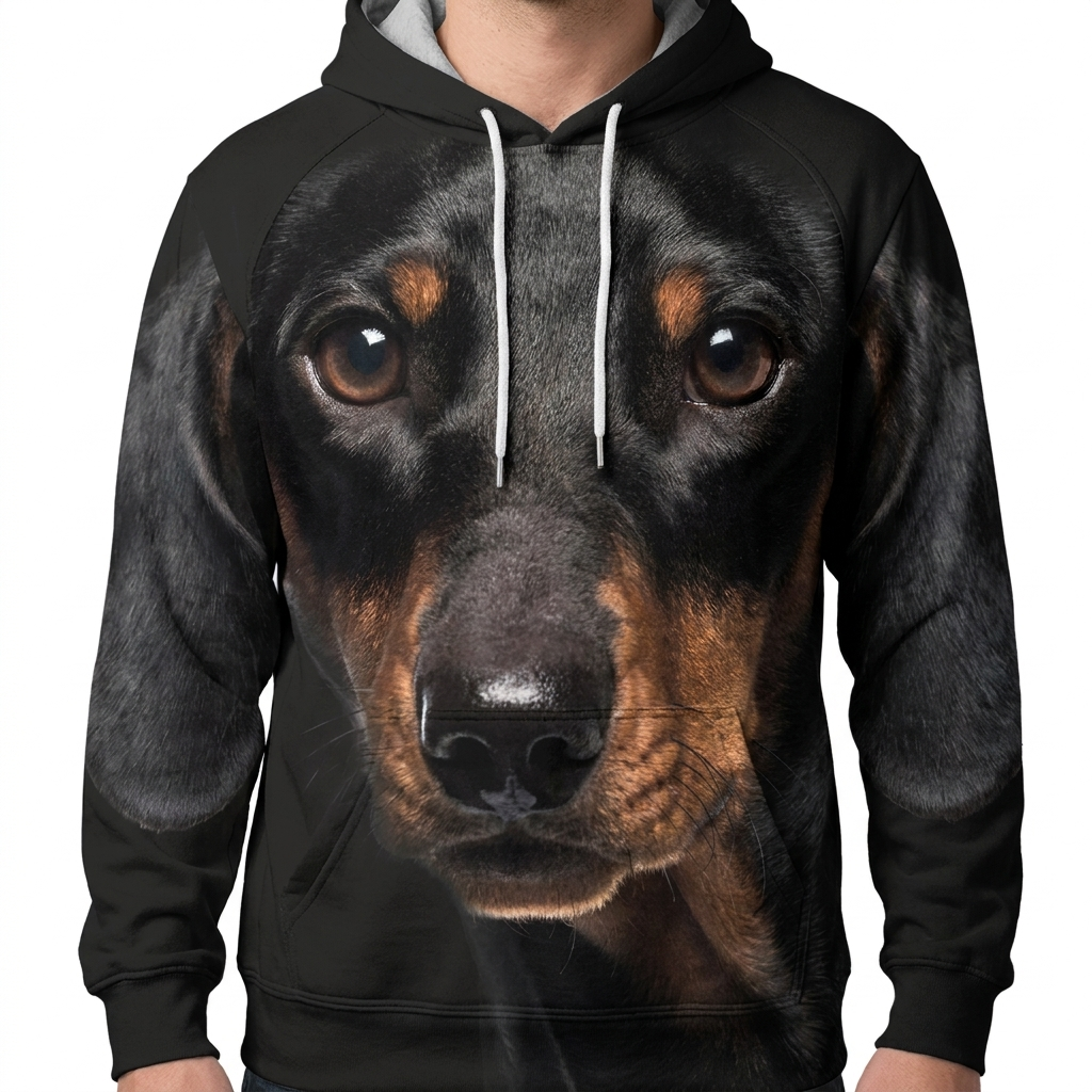 Close-up of the all-over Dachshund print on the hoodie