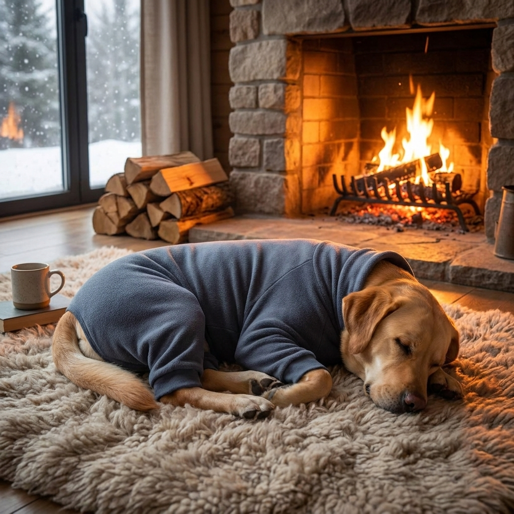 Large dog asleep by the fireplace in the grey blue fleece dog pajamas